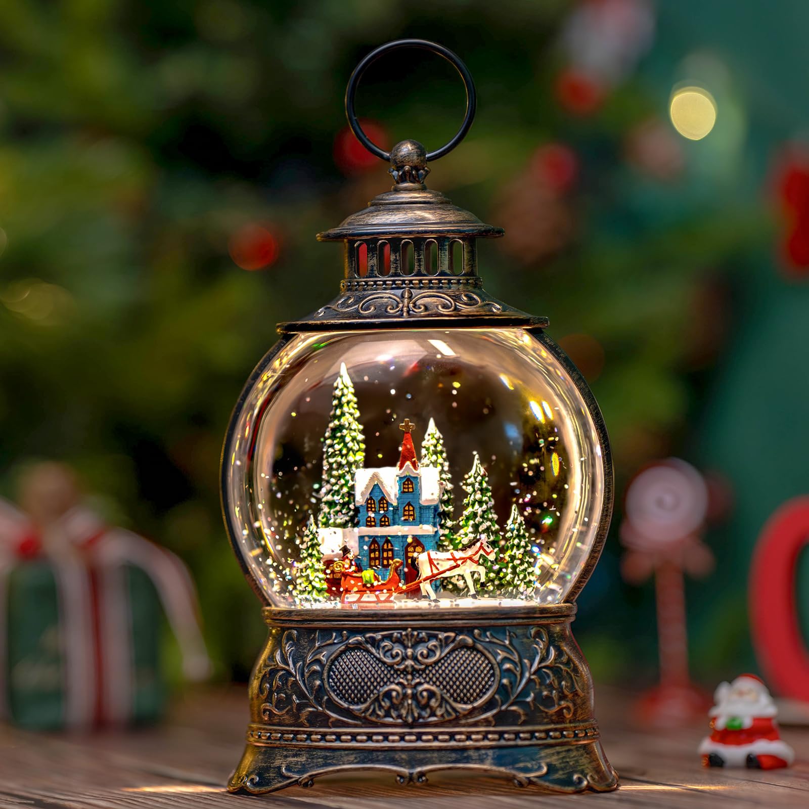 Boule à neige de Noël calèche bleue, cadeau lumineux et musical