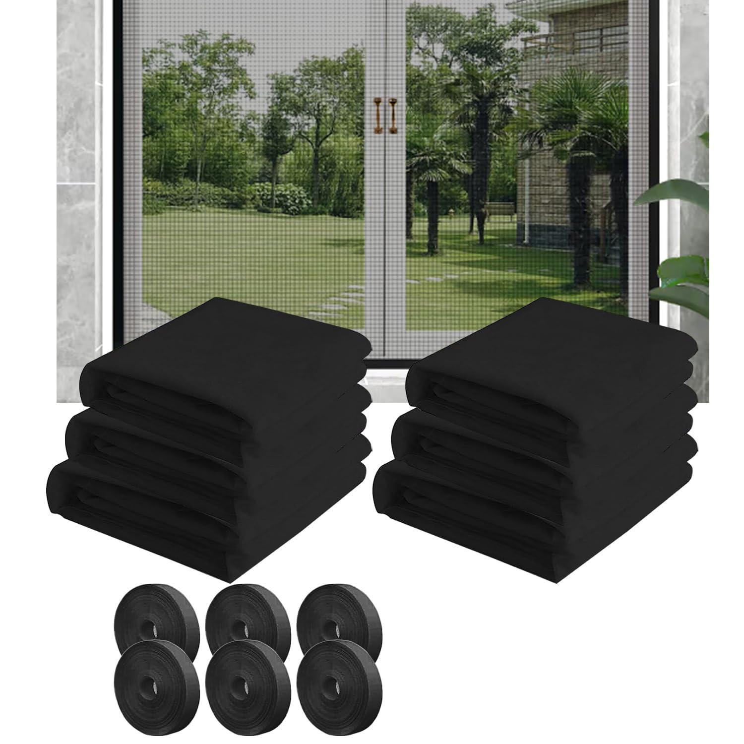 6 Pcs Moustiquaire Fenetre en Maille Filet avec 6 Auto-Rubans Adhésifs 3 Patchs de Fenet,Toile Moustiquaire Découpable 130cm X 150cm, Moustiquaire Fenetre Sans Percage (Noir)