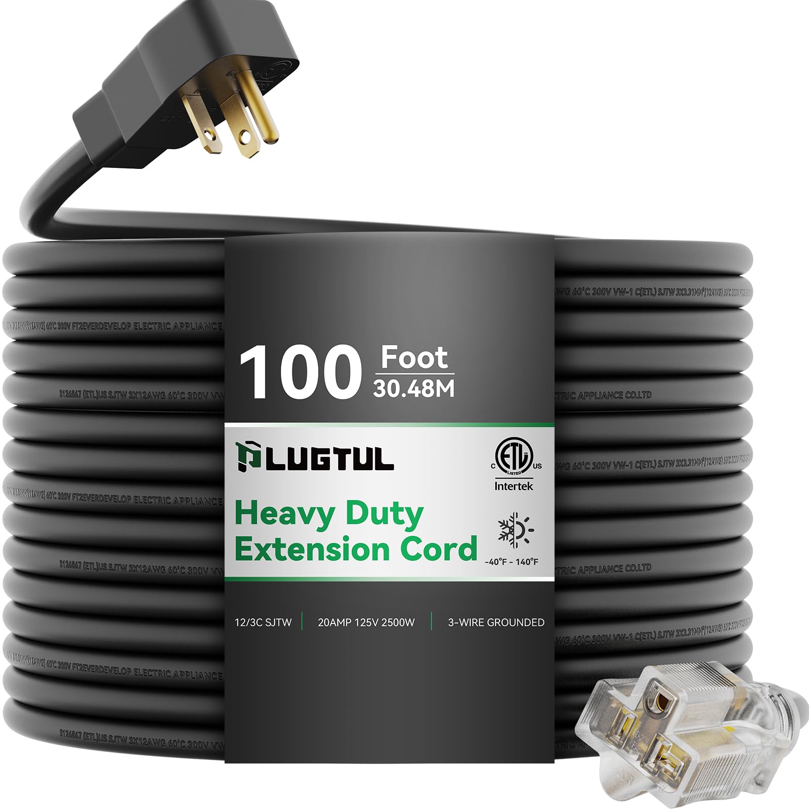 Photo 1 of PLUGTUL 20AMP Extension Cord 100FT, NEMA 5-20 Heavy Duty Extension Cord, Lighted End, 12Gauge, SJTW, 20AMP 125V 2500W, Black
