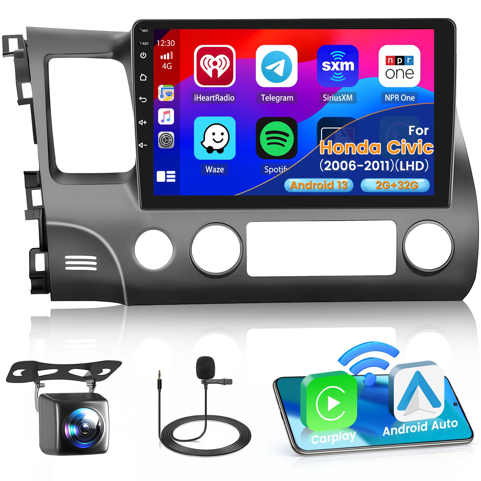 2+32G Android 13 Car Stereo Radio for Honda Civic 2006-2011(LHD), 10.1'' HD Touch Screen with Wireless Apple CarPlay Android Auto, AHD Backup Camera, Mirror Link, GPS, WiFi, DSP