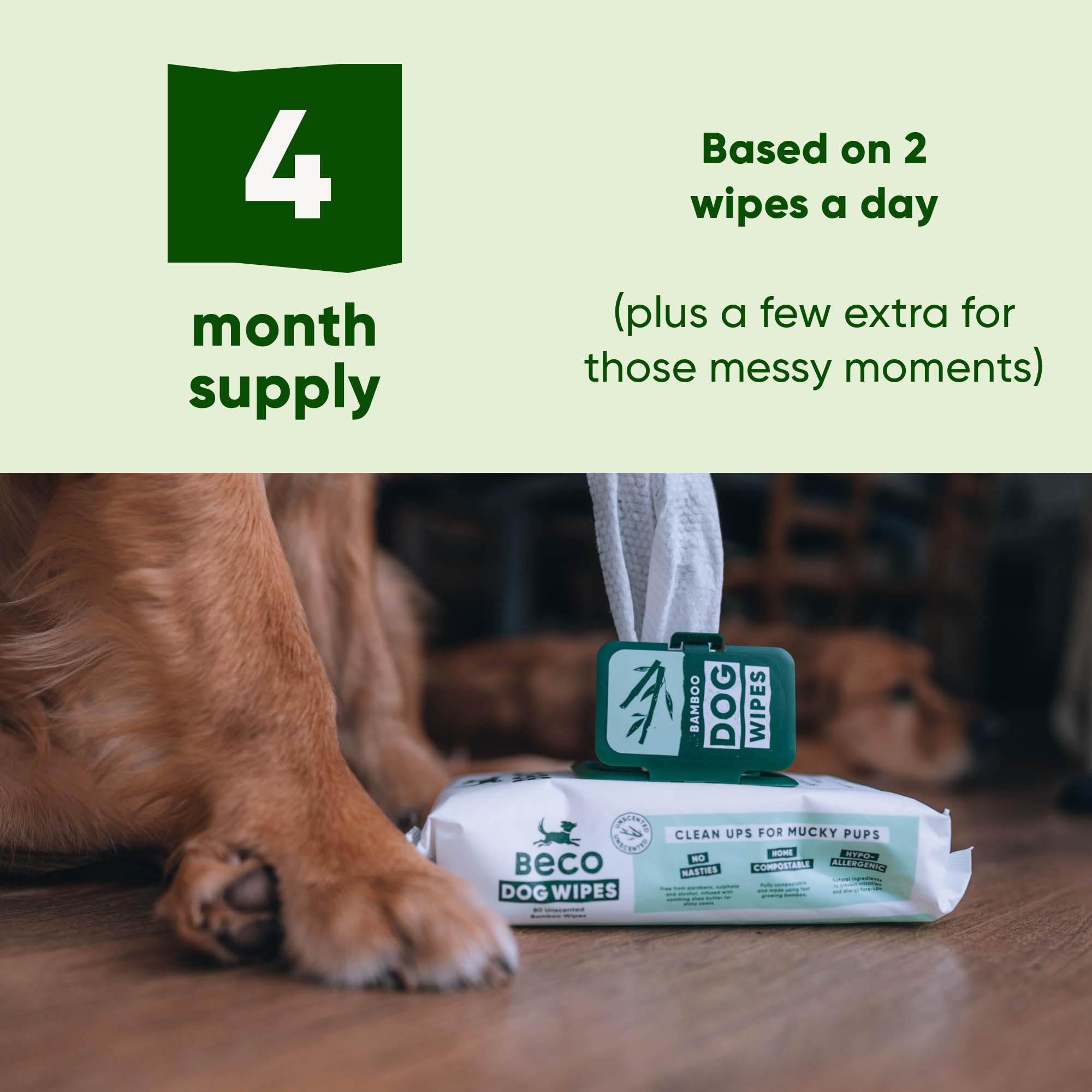 Beco Toallitas para Perros, sin plástico, 80 toallitas x 4 Paquetes, sin Perfume, para Patas, Cuerpo y Trasero, toallitas de Aseo a Base de Plantas