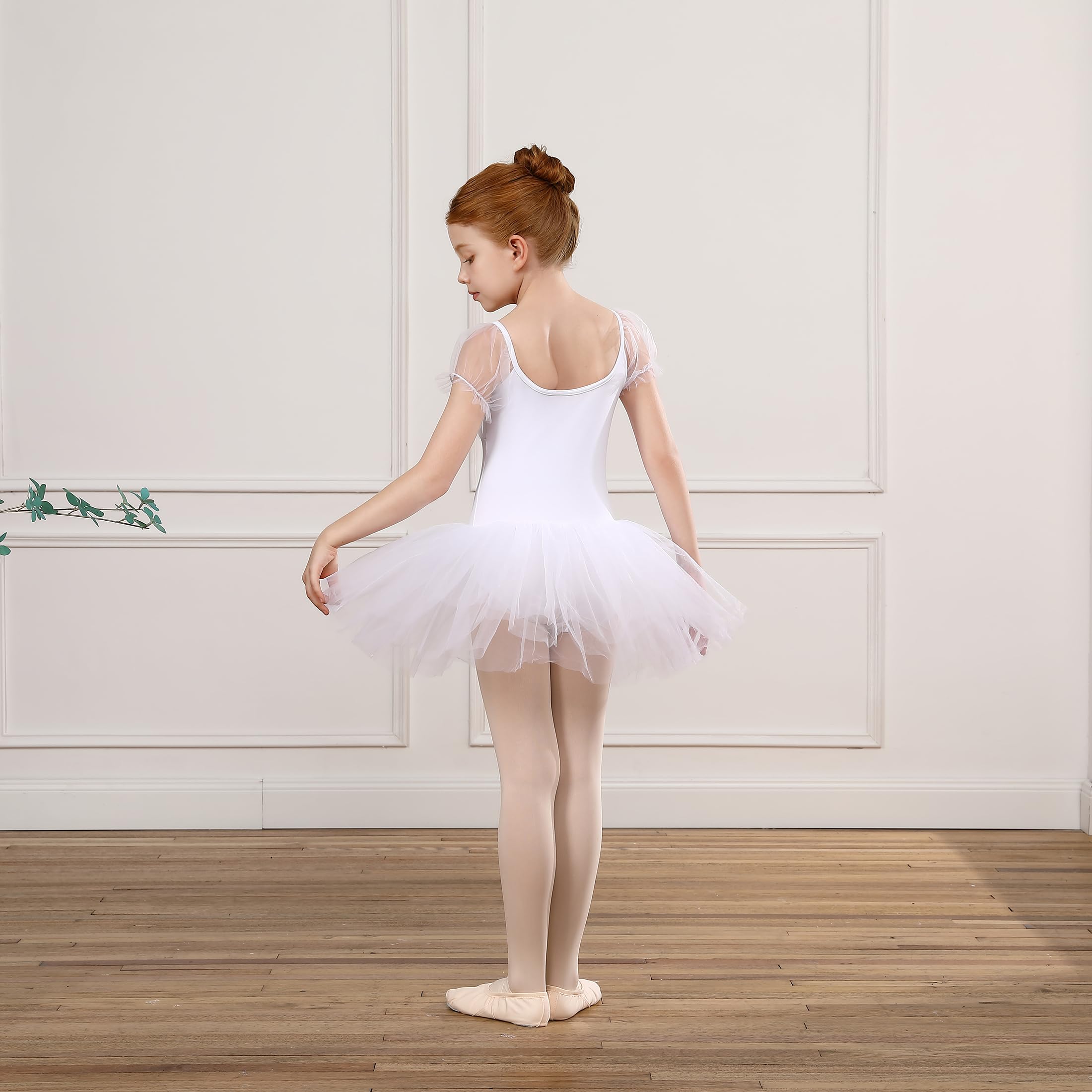 Tutu de Danse Classique pour Filles en Manches Ballon Tulle - Robe de Ballet Justaucorps