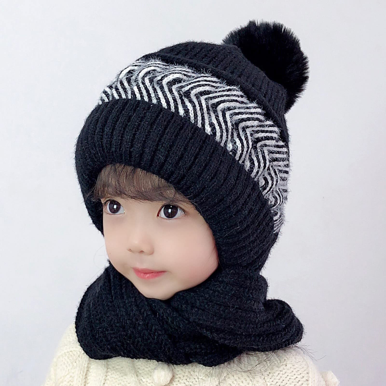 Ciepła Zimowa Czapka Czapki Zimowe Ciepła Włóknina Dzianinowa Czapka Dziecięca Czapka Zimowa Z Kapturem Szalik Czapka Zimowa Z Nausznikami/Black/One Size