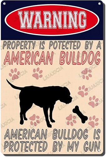 Miniatura 16 de Letrero de hojalata retro con texto en inglés "Warning Property Is Potected By A American Bulldog Is Protected By My Gun", decoración de pared para