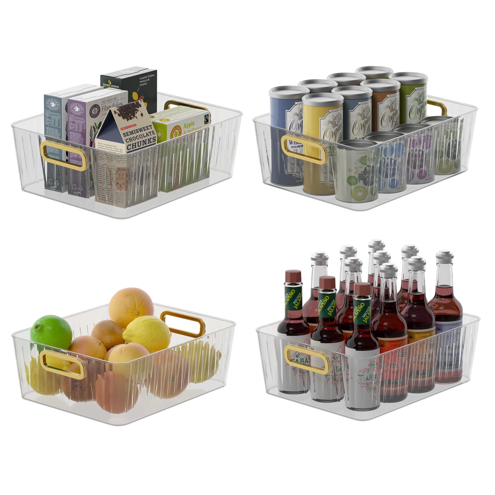 Vababa Paquete de 4 contenedores organizadores de despensa de plástico transparente, contenedores de almacenamiento transparentes para organización de refrigerador de cocina