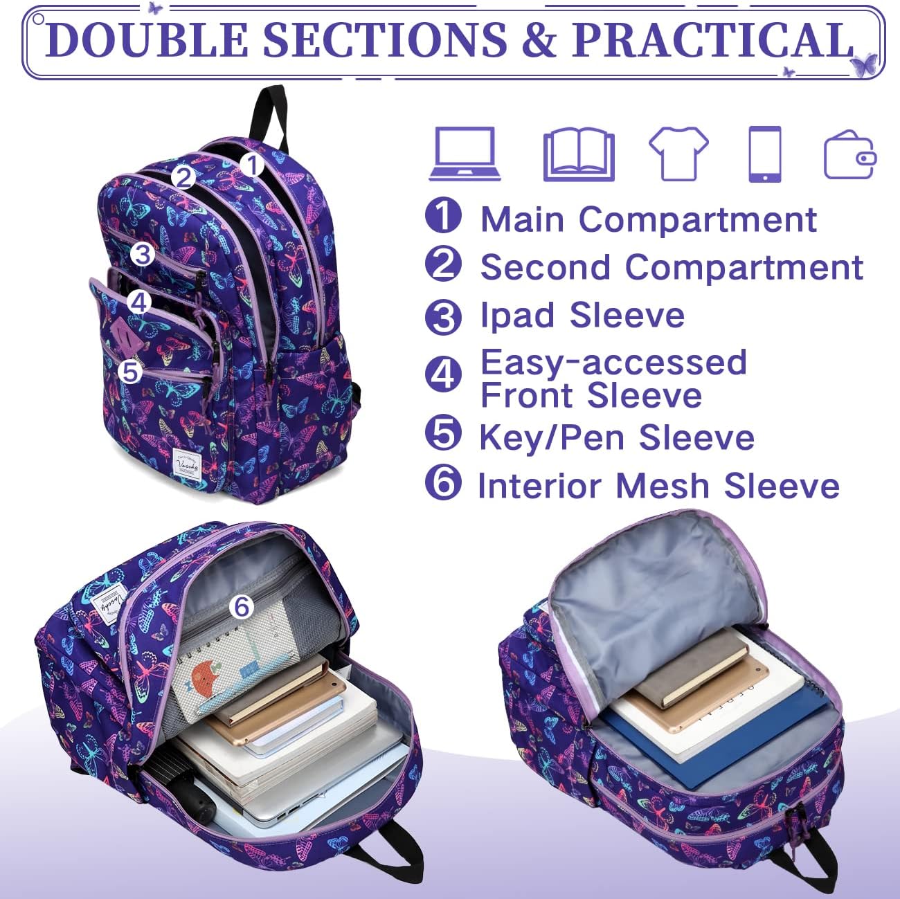 VASCHY School Backpack for Teen Girls, Bookbag Schoolbag Casual Daypack for High School/College/Women/Travel/Work Butterfly - Image 4