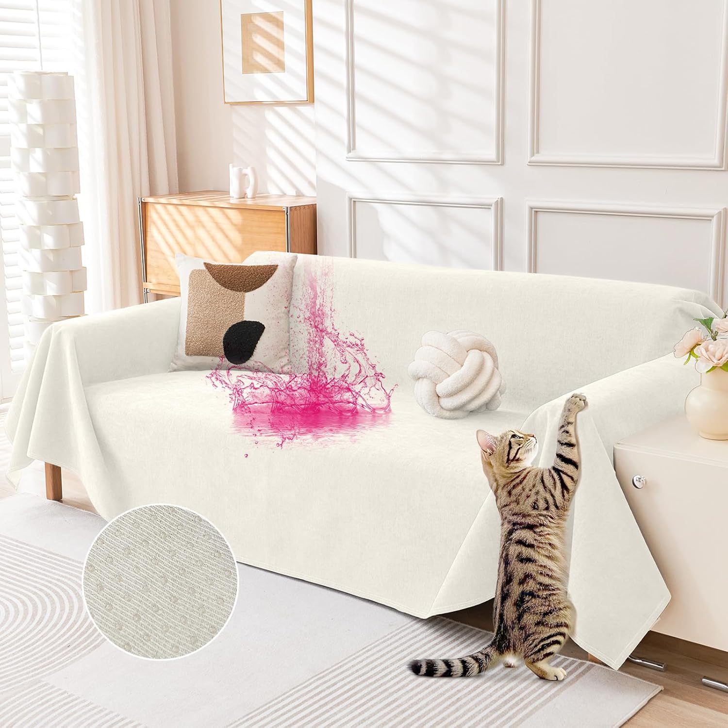 Deep Dream Cat-Scratch Resistant Couch Cover, Waterproof Sofa Cover for 3 Cushion Couch Washable, Pet Friendly Couch Protectors Anti Slip Thickened Sofa Slipcovers for Dogs Pets, 91" x 134", Beige Beige 91" x 134"