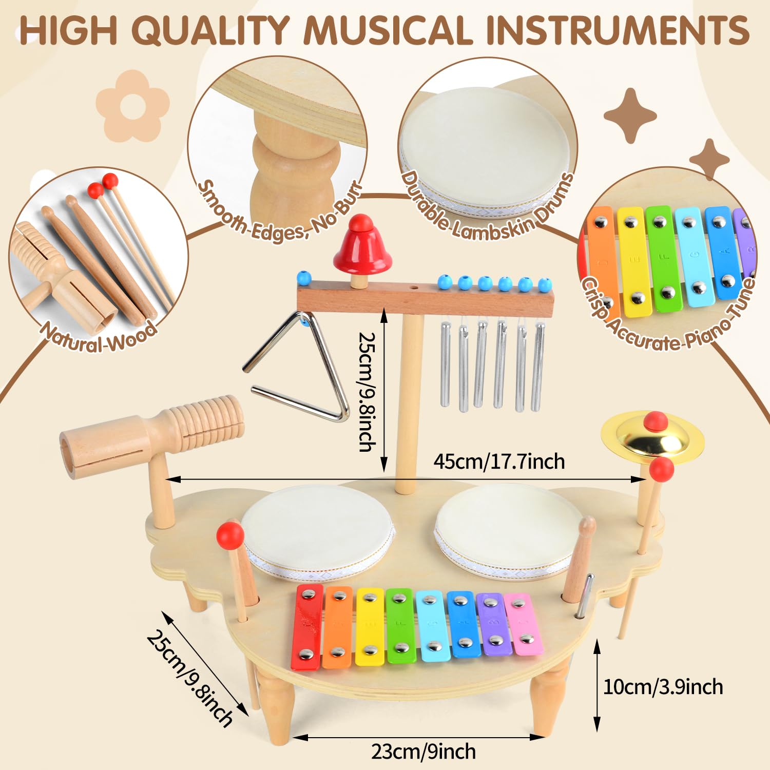 Tambor Infantil de Madera, 7 IN1 Batería Musical para Niños con Xilófono, Juguete Educativo Montessori, Instrumentos Musicales Juguetes de Madera Regalo para Bebé Niño Niña 2 3 4 5 Años