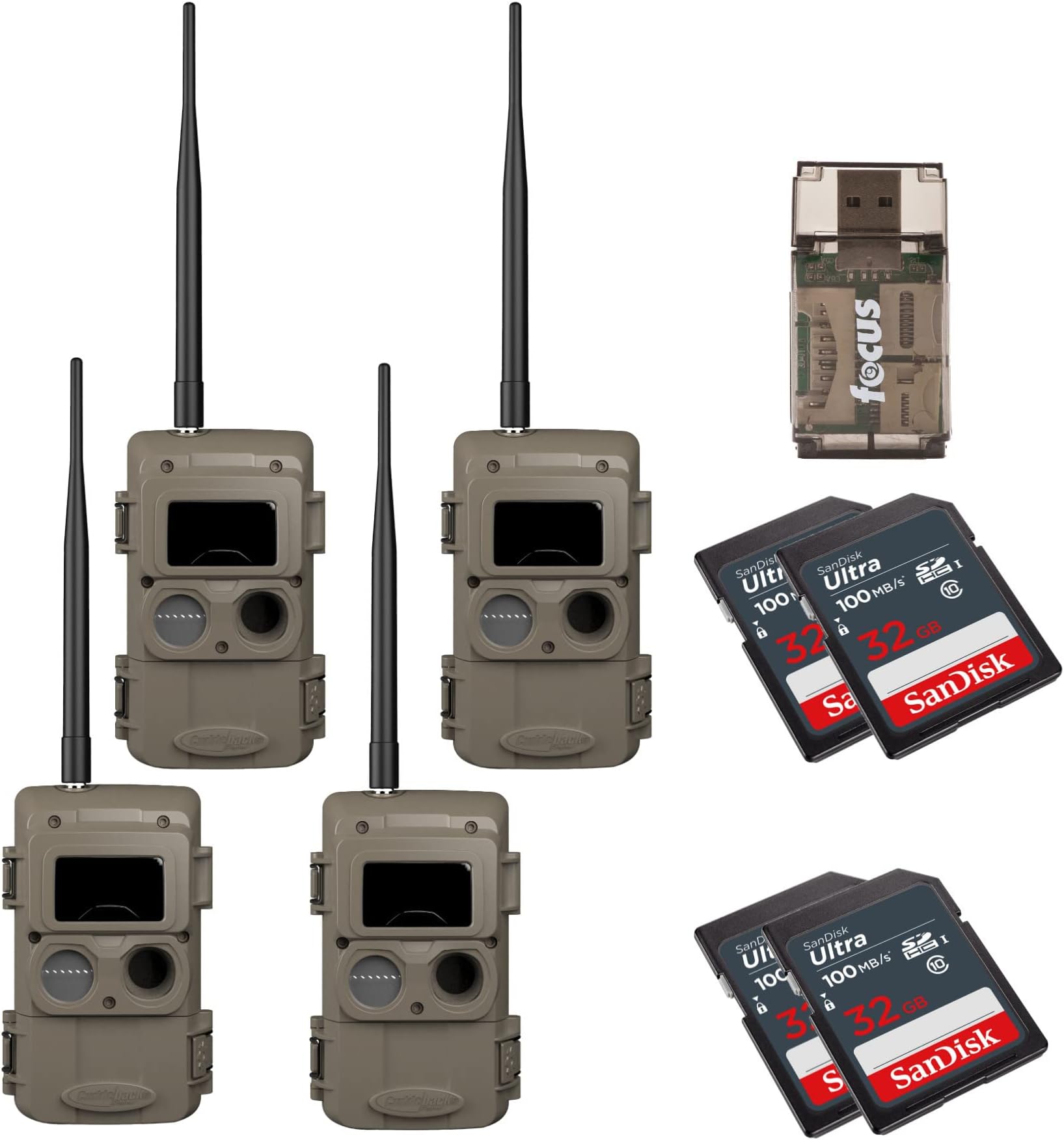 CuddeLink Wireless Trail Camera 3rd Gen Sensor, Low-Glow IR LED Camera with Antenna Bundle with 32 GB Memory Card, and USB Card Reader (4-Pack)