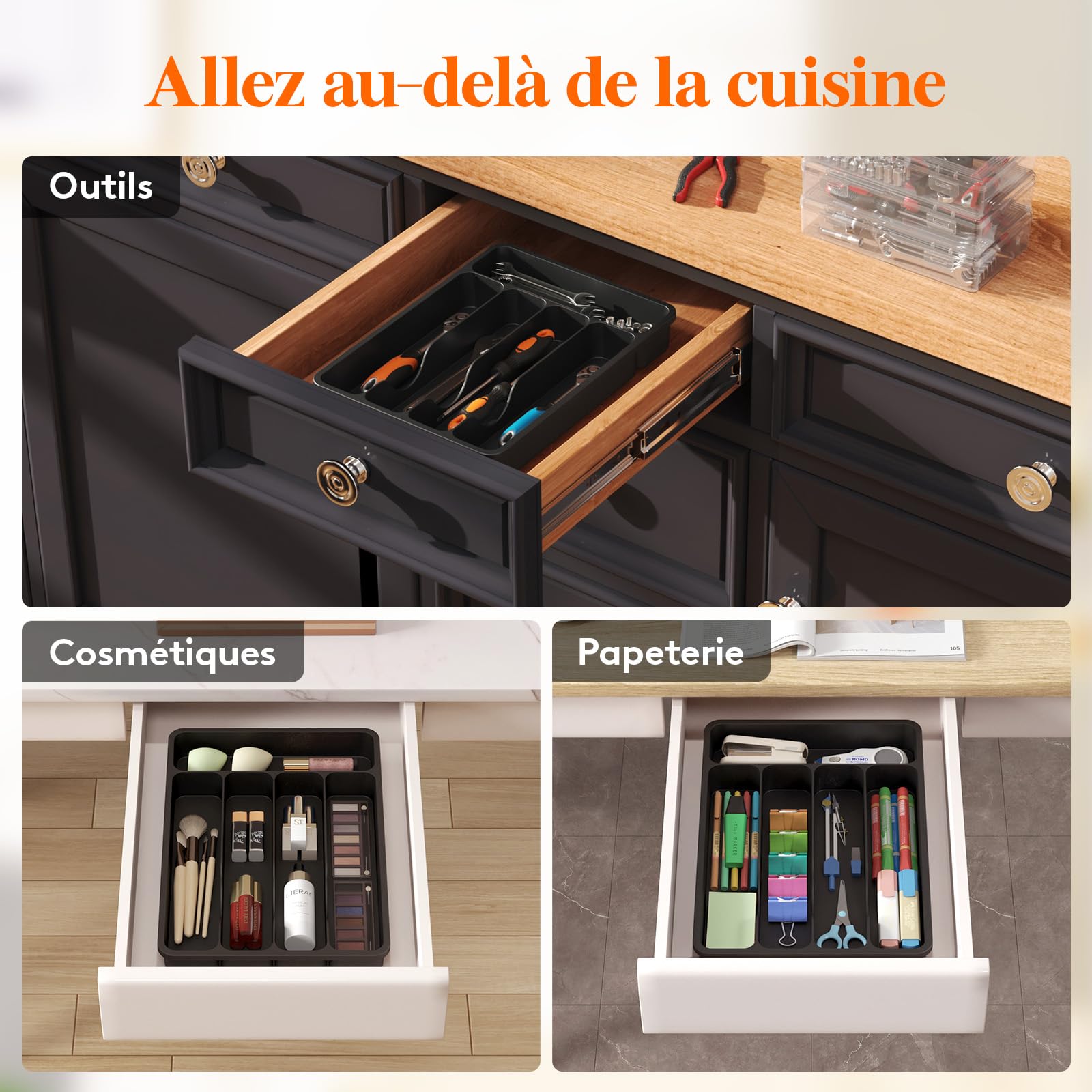 Organisateur Couverts Lifewit Pour Tiroir - Extensible 22.6-37.3cm, 7 Compartiments, Noir