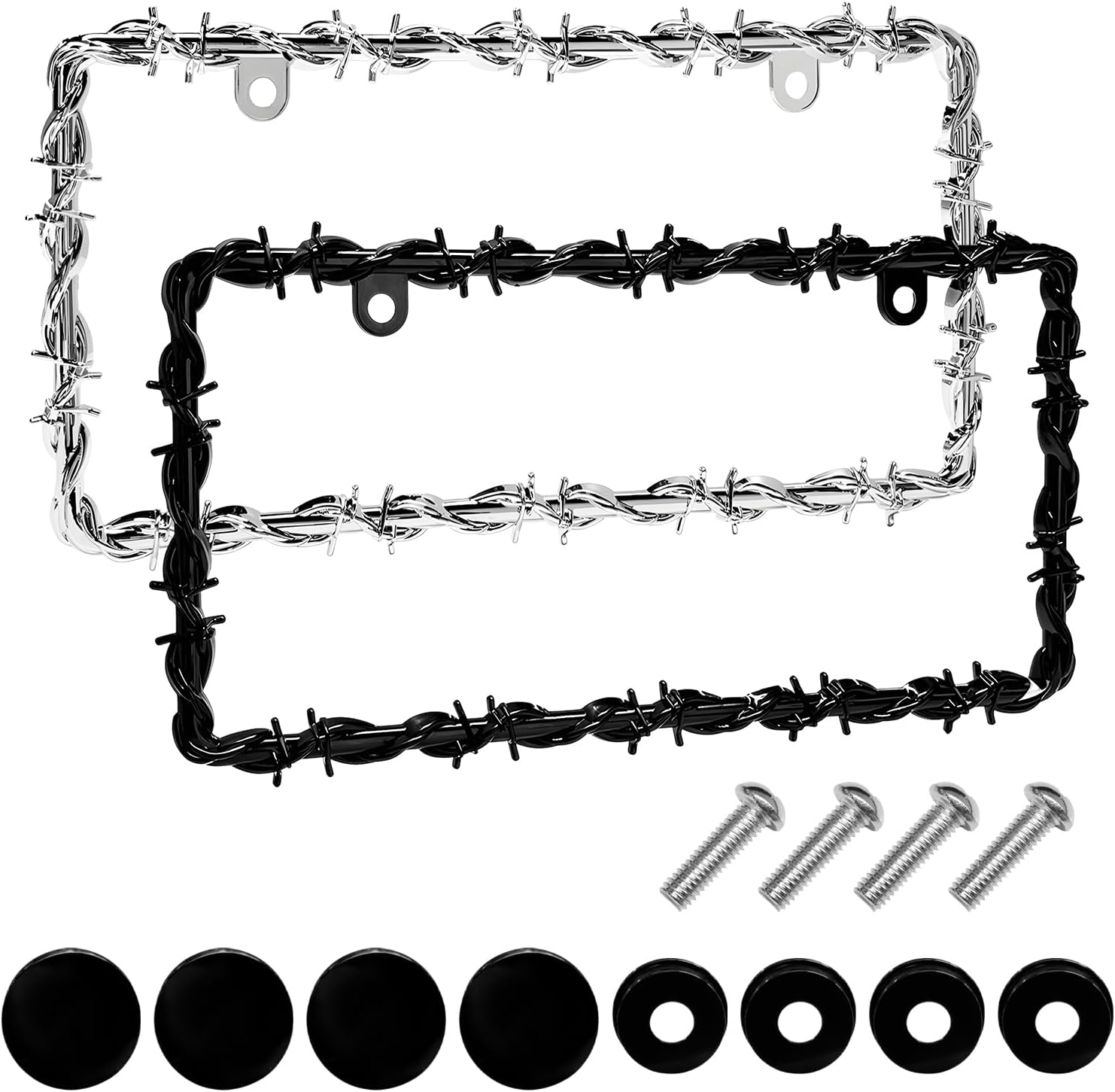 2 PCS Barbed Wire License Plate Frame, Sturdy Plastic Barbed Wire Design Car Tag Cover with Screw Kit, Personalized License Plate Holder Cool Auto Decoration for Men Women (Black+Silver)