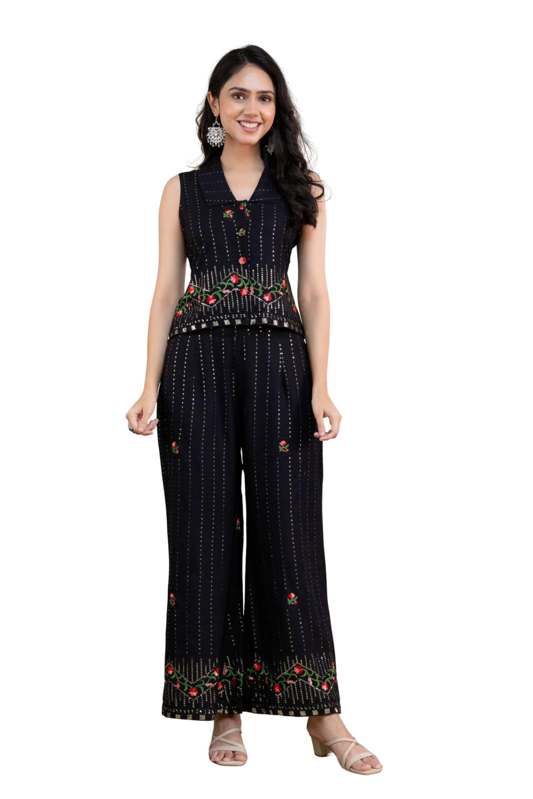 Black Embroidered Co-Ord Set for Women | Sleeveless Ethnic Top & Palazzo Pants | Indo-Western Festive & Wedding Outfit (S)-image-29