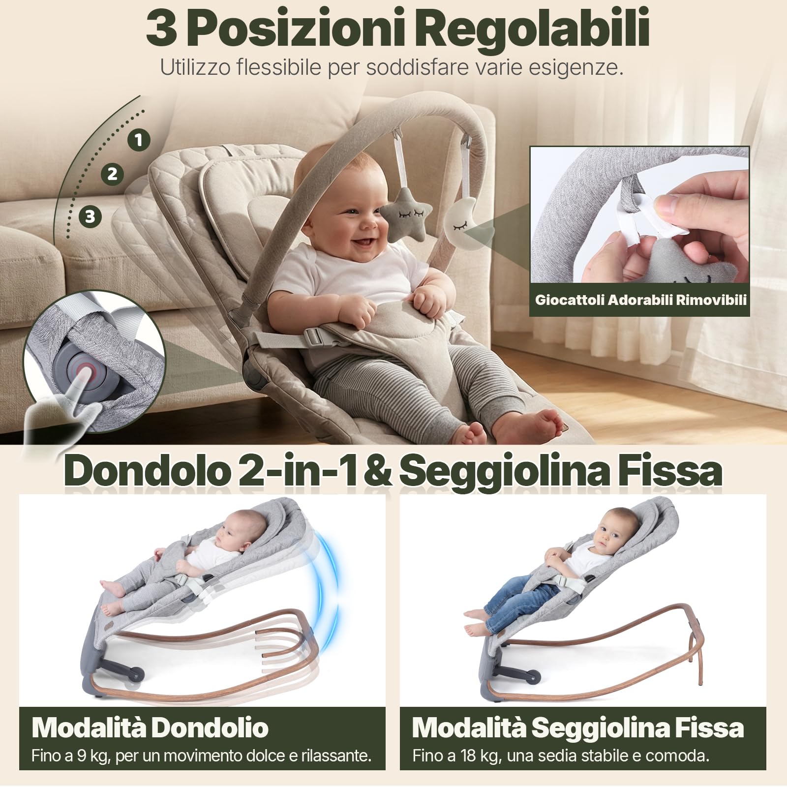 Sdraietta Neonati Elettrica, Dondolo Neonati Elettrico con 3 Velocità, Controllo a Colpetto & Pannello Touch, 2 Timer (30/60 Min), 8 Melodie, Volume Regolabile, per 0-12 Mesi, Fino a 18 kg, Grigio