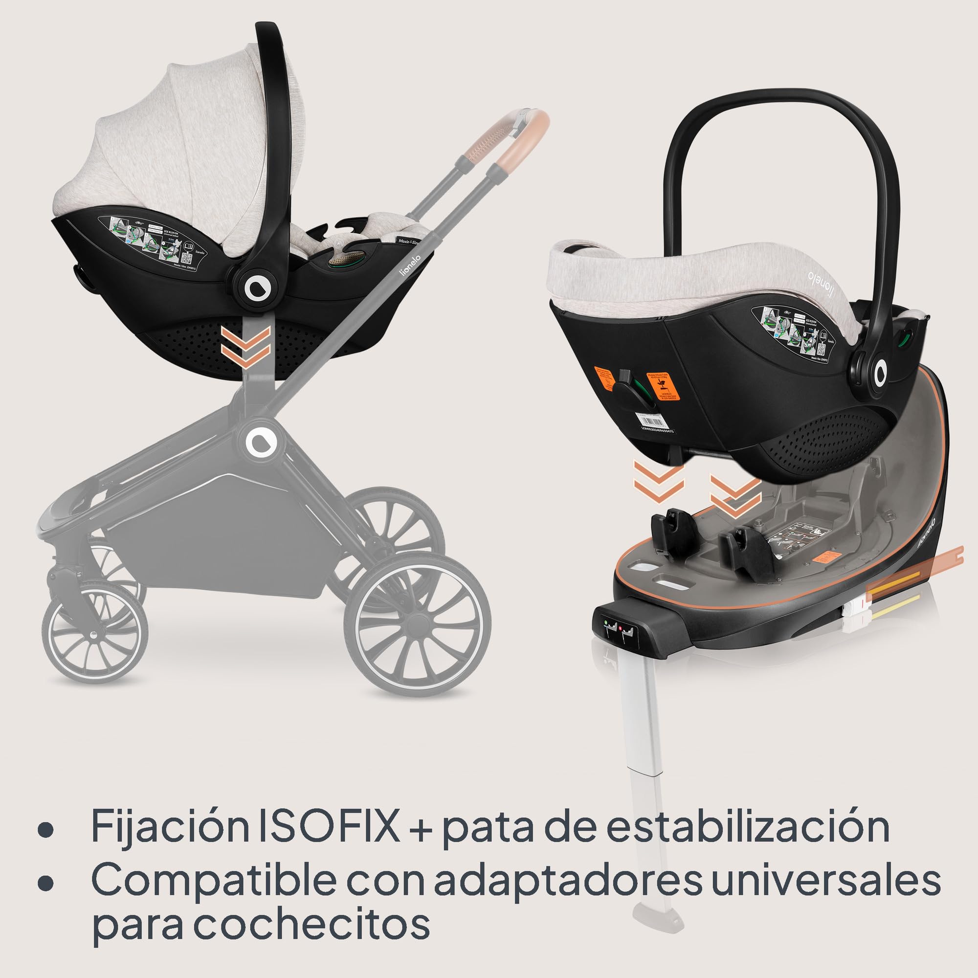 LIONELO MOXIE i-Size SET Silla de Coche Infantil con Base 40-87 cm Portabebés Instalación ISOFIX y Pata de Estabilización Protección Lateral, Reposacabezas Ajustable Cojín Dri-Seat | Base ISOFIX, pata de apoyo, protección lateral, reposacabezas regulable