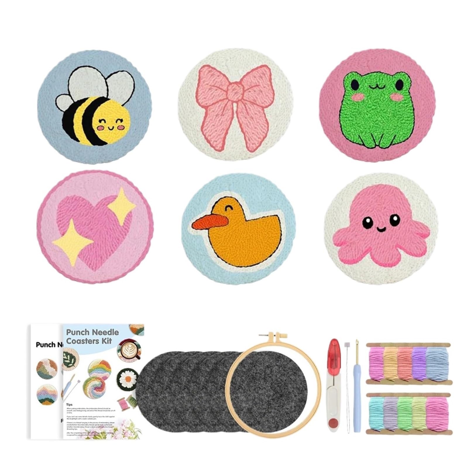 1set Pattern DIY Punch Needle Embroidery Craft Set 6 Pcs Coasters Kit For Beginners Tufting Coaster Art for DIY(Color1)