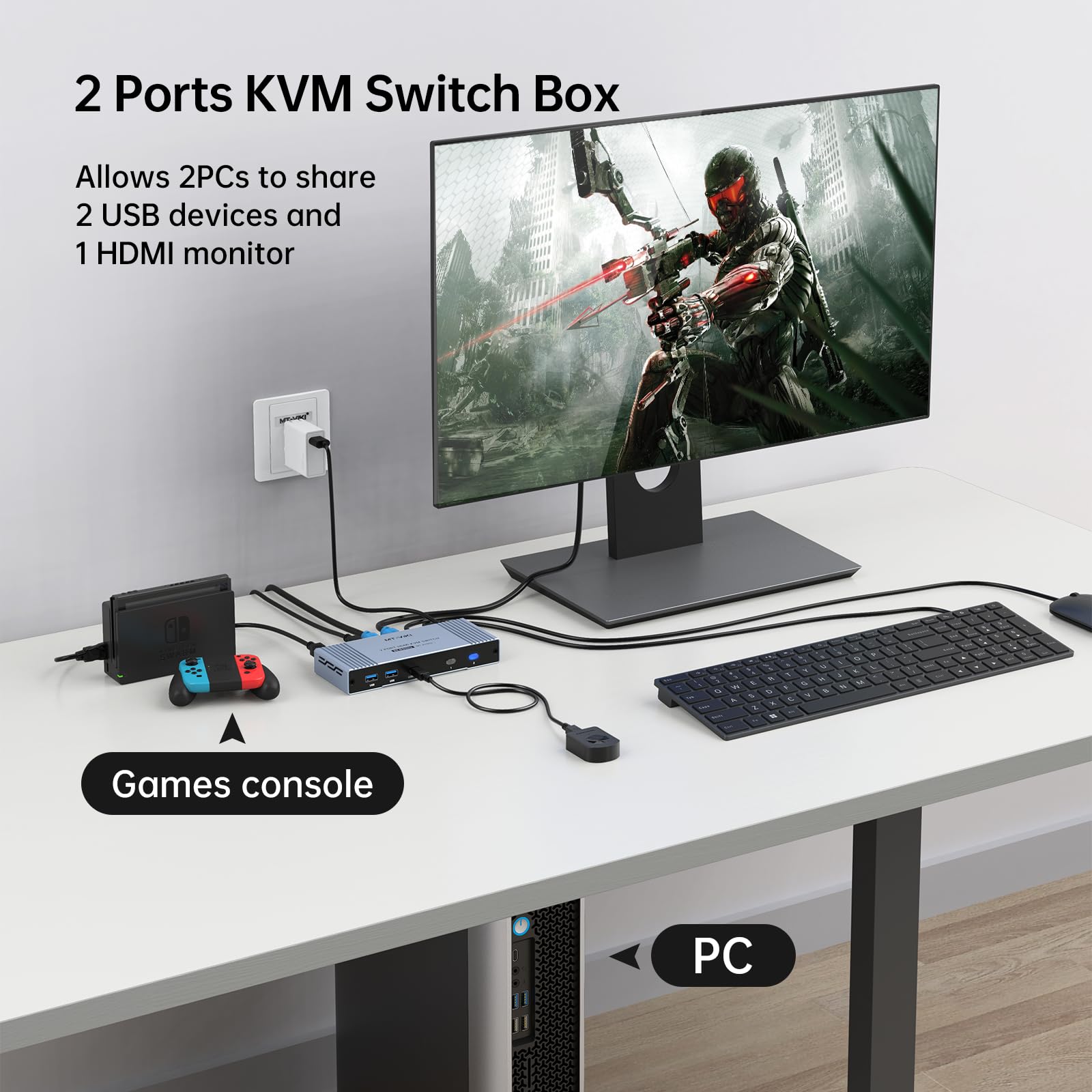 MT-VIKI Commutateur KVM HDMI 8K60Hz 2 ports 2 PC 1 moniteur prend en charge une souris clavier avec 4 ports USB 3.0 4K @ 120/144Hz 2K@165Hz 1080P@240Hz HDMI 2.1& HDCP 2.3