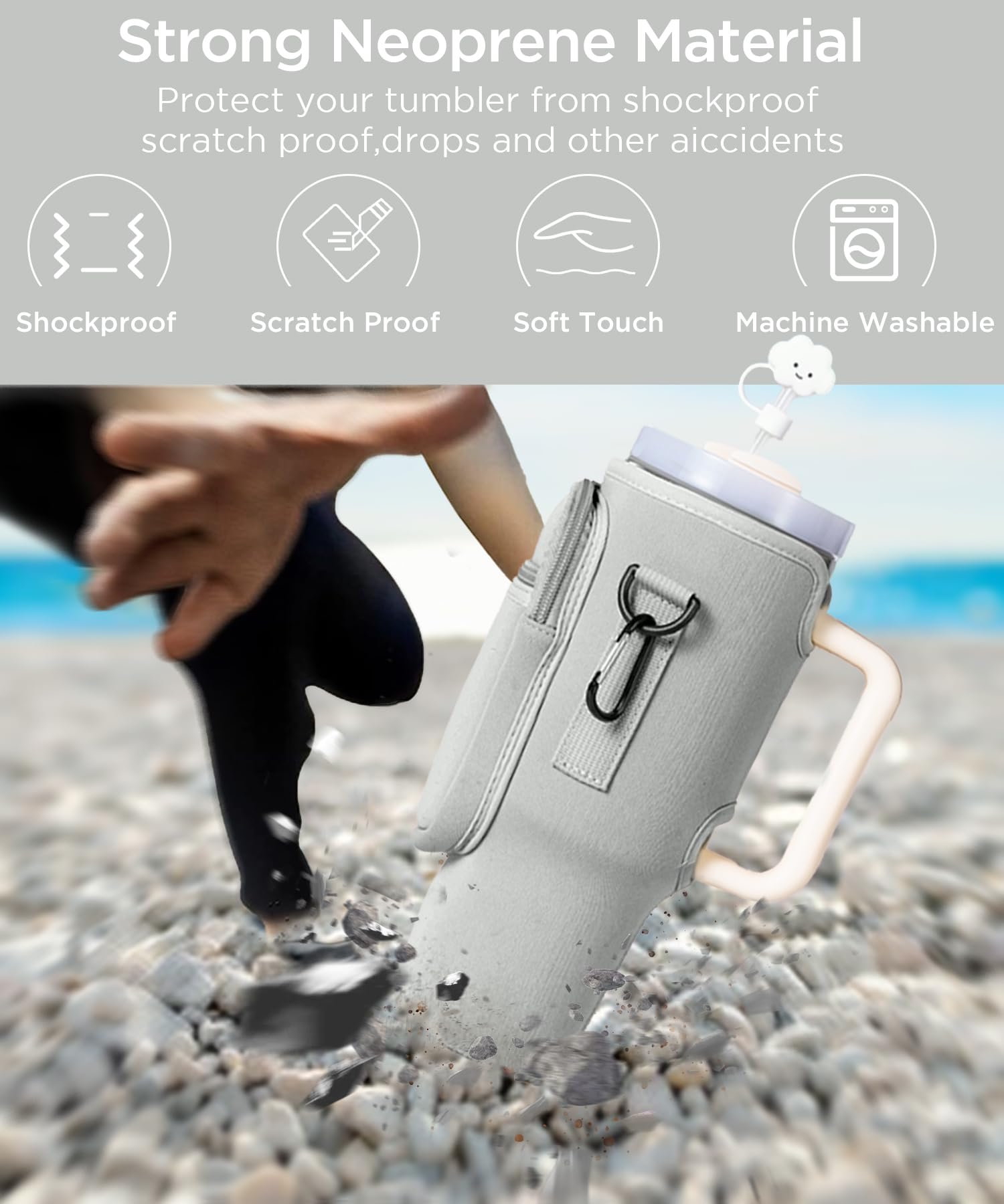dabria Water Bottle Carrier Bag with Phone Pocket for Stanley 40/30 oz Tumbler Neoprene Water Bottle Holder Pouch with Adjustable Strap Bollus with Straw Cover & Carabiner for Stanley Cup Accessories - Image 3