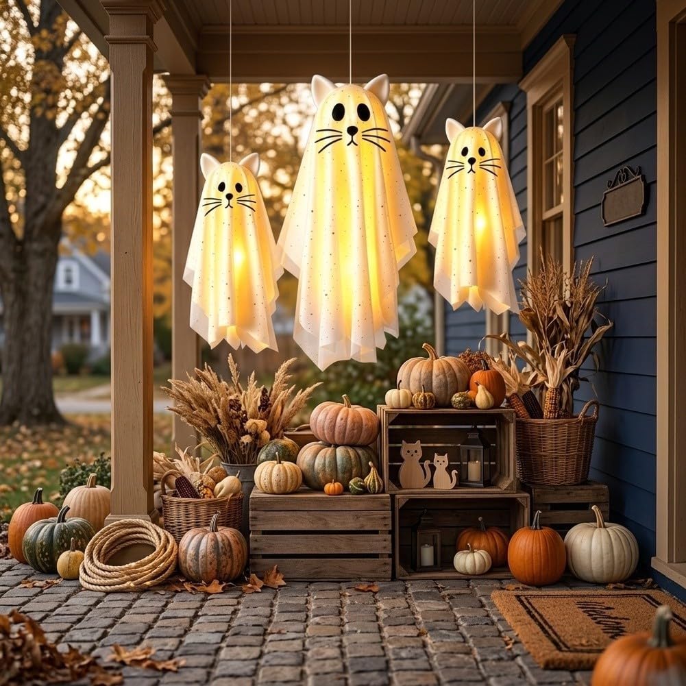3 Stück Halloween Hängefiguren Katze mit Licht