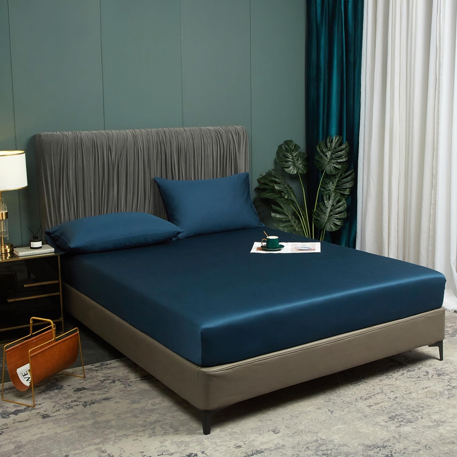 DXHOME 120x200 Spannbettlaken Bambus Petrol Blau Spannbetttuch Set Hypoallerg Kühlende Boxspringbett 100% Bambus Bettlaken Spannbetttuch Leintuch 120 x 200 für Hohe Matratze bis 25-30 cm