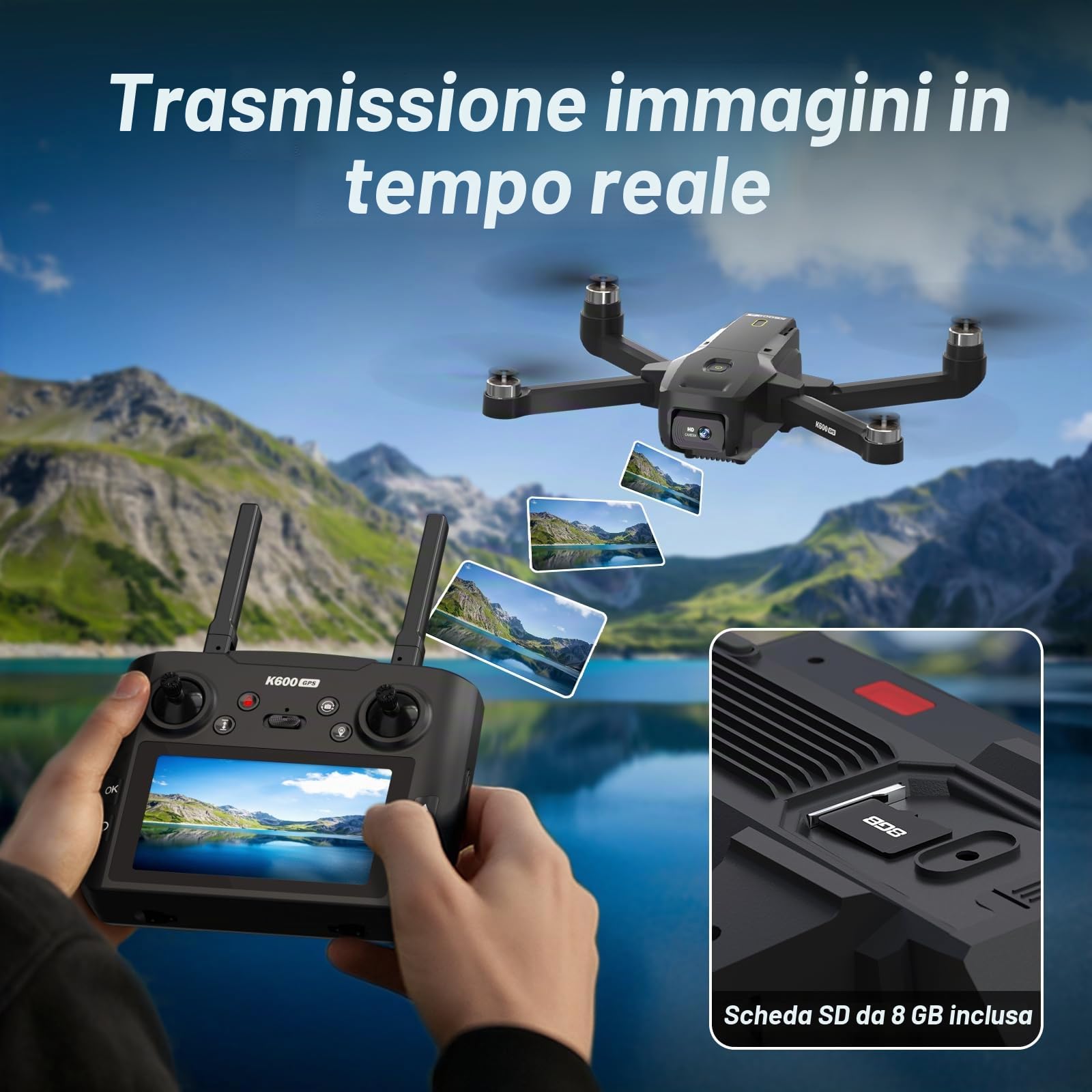 K600GPS Drone con Fotocamera 1080P, Schermo FPV 4,5", Ritorno Automatico a Casa, Seguimi, Motore Brushless, Quadricottero RC Pieghevole per Adulti, Bambini e Principianti, Autonomia di Volo 22 Minuti