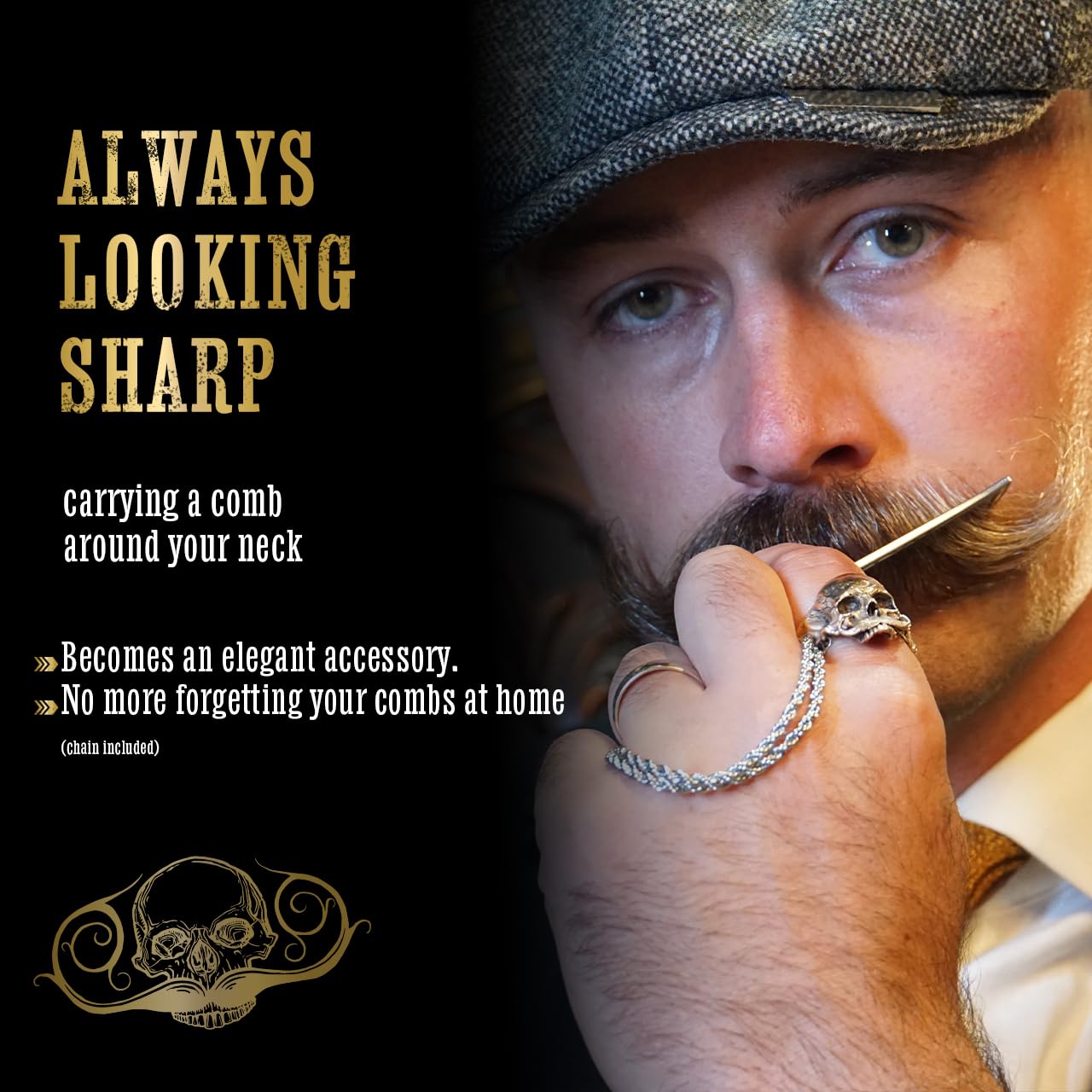 Peigne à moustache sur chaîne en acier inoxydable – Peigne double face pour homme, dents fines et larges pour un style précis de moustache – Durable, compact, facile à transporter, outil de toilettage