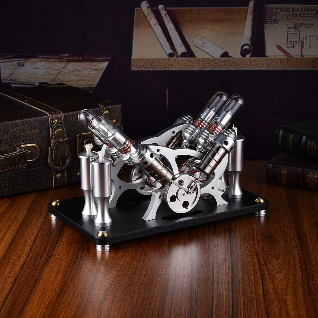 Motor Stirling Engine, metal de arranque V4 4 cilindros Stirling Motor Modelo, Motor de combustión externa Stirling Motor Kit de construcción de juguete educativo