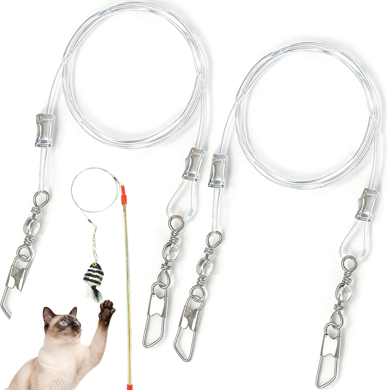 2pcs Replacement Strings for Cat Wand, Plastic Paracord Strings Replacement with Lobster Clasps, Interactive Kitten Wand Stick Wire for Cat Teaser Wand- Clear