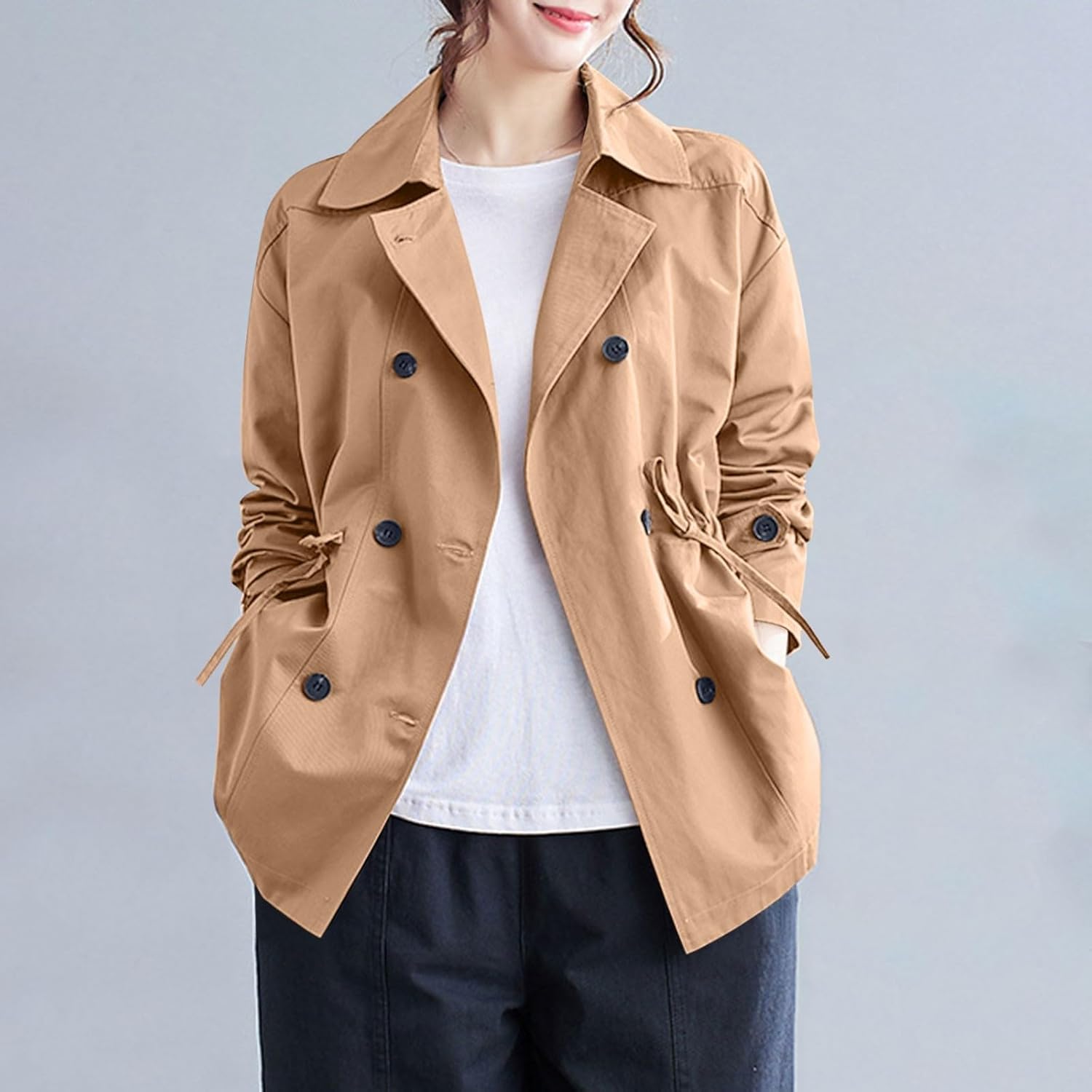 HGps8w Womens Double Breasted Trench Coat Oversized Windproof Overcoat 2025 Fall Mid-Length Lapel Outerwear with Pockets