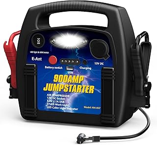 E-Ant Jump Starter with Air Compressor, 900A Peak Jump Starter, 260 PSI Tire Inflator, 12V Battery Jumper Starter Portable, Jumper Cables for Up to 6.0L Gas/4.0L Diesel Engines with DC/USB Ports-Black