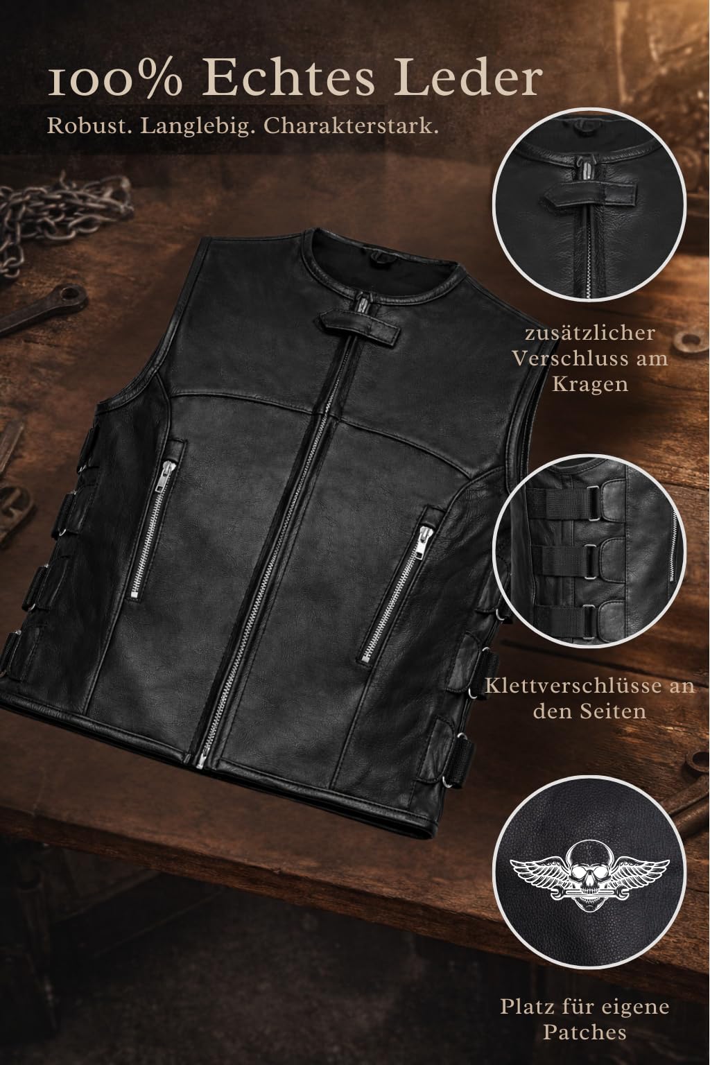 PAULGOS Lederweste Weste Kutte Leder Biker Rocker Motorrad Clubweste Bikerweste Motorradweste Schwarz BW10
