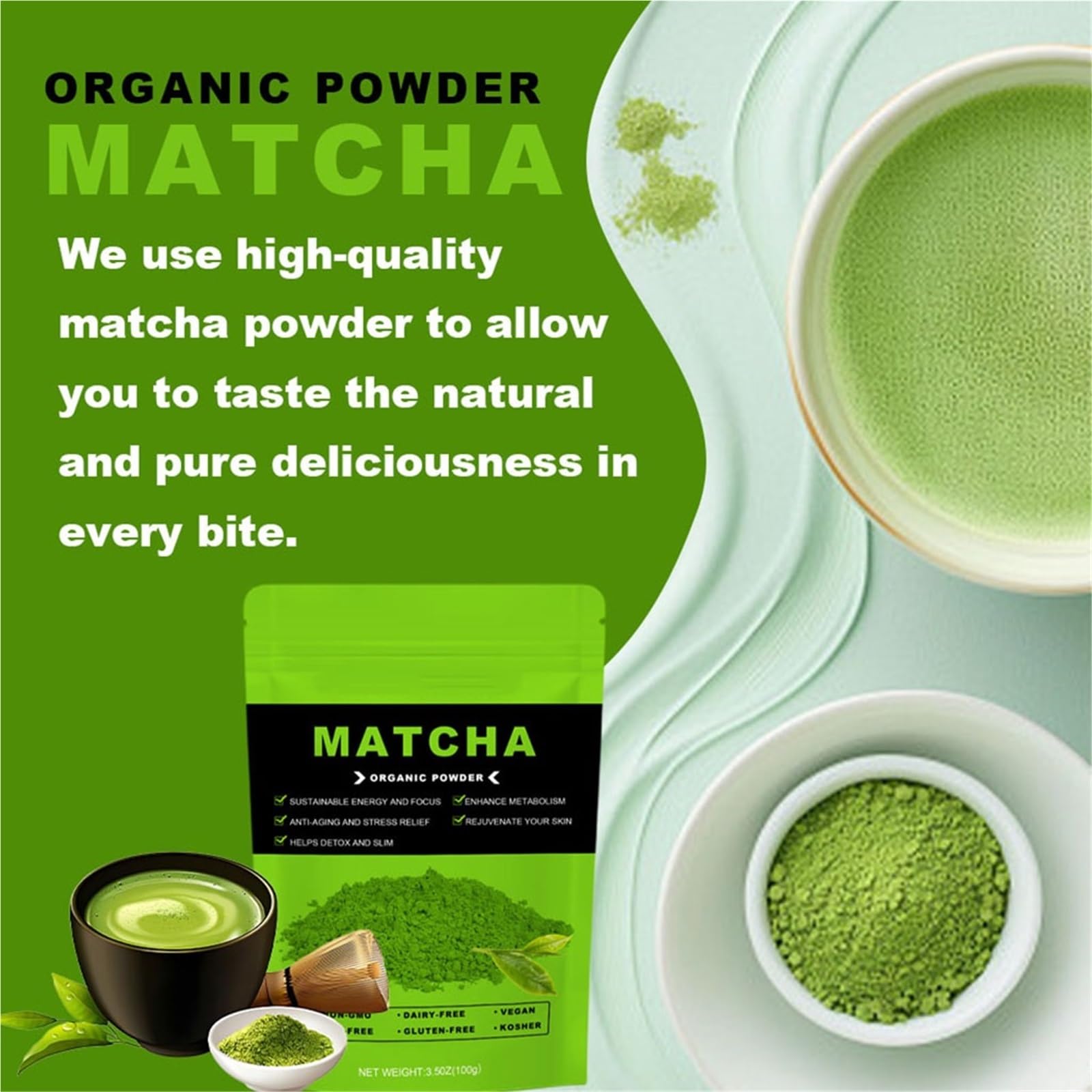 Proszek Z Zielonej Herbaty Matcha Premium – Czysty Naturalny Do Napojów, Wypieków I Latte(3PCS)