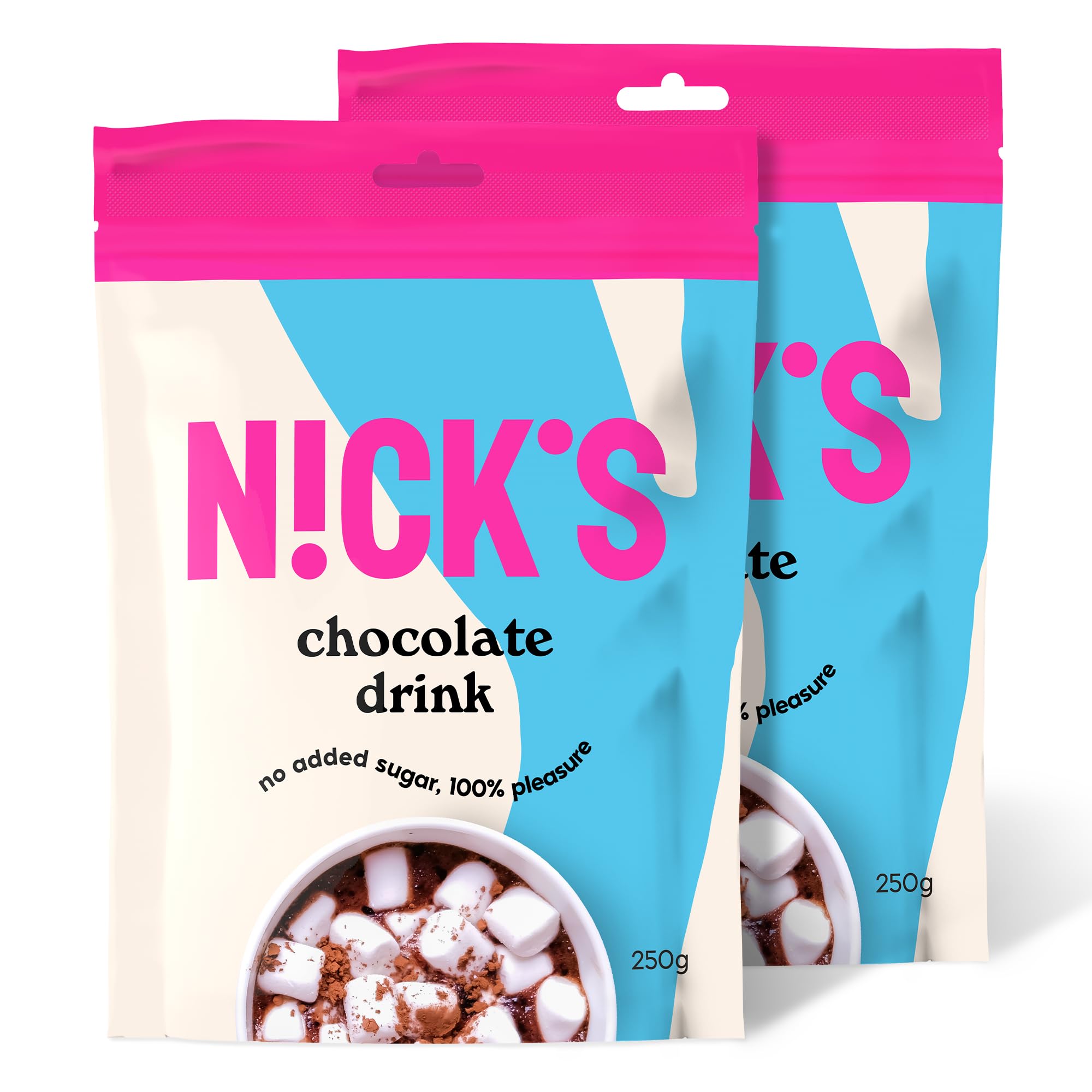 NICKS Chocolate drink, Heiße Schokolade ohne Zuckerzusatz, Hochwertige Kakao Trinkschokolade Keto, Vegan, Glutenfrei (250 g x 2er Pack)