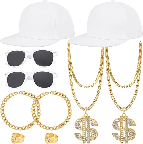 Kit de disfraz de hip hop para hombres y mujeres, accesorios de los años 80 y 90, incluye anillo de signo de dólar sintético y cadena