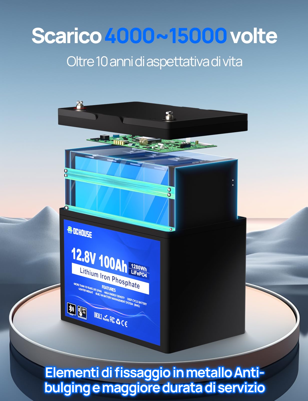 DCHOUSE Batteria Litio 12V 100AH Bluetooth con Protezione 100A BMS e a Bassa Temperatura, Batteria Lifepo4 per motori elettrici, Caravan, Campeggio, Sistemi solare