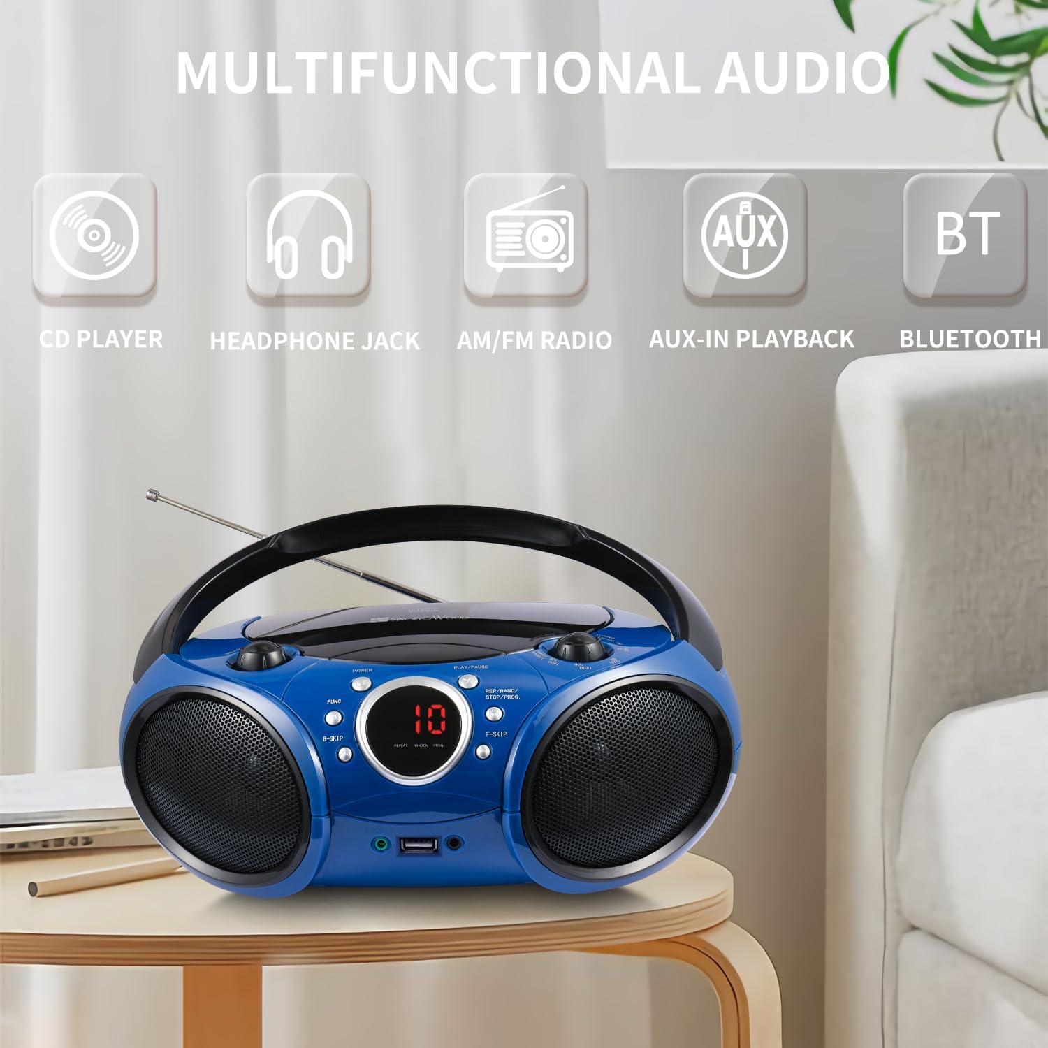 Singingwood Portable CD Player Boombox AM FM Radio, Bluetooth, USB Port CD-R/RW, MP3 CDs, 3.5mm Aux Input and Headphone Jack-Dual Power AC/Battery Stereo Sound System for Home & Outdoor (Blue)