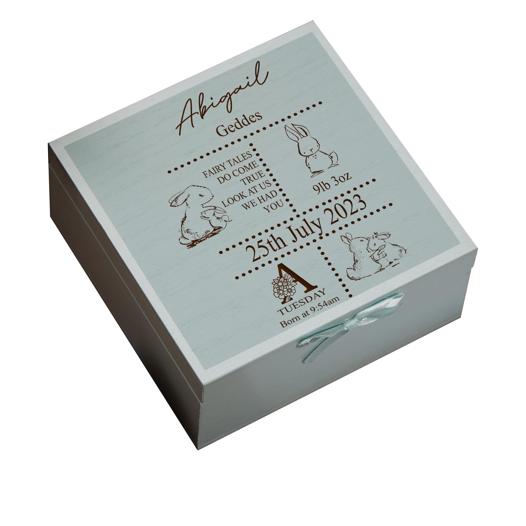 Personalised Baby Memory Storage Box, Wooden Keepsake Box with Bunny Design, 16 x 16 x 7 cm, Choice of White, Blue, Pink (Blue)