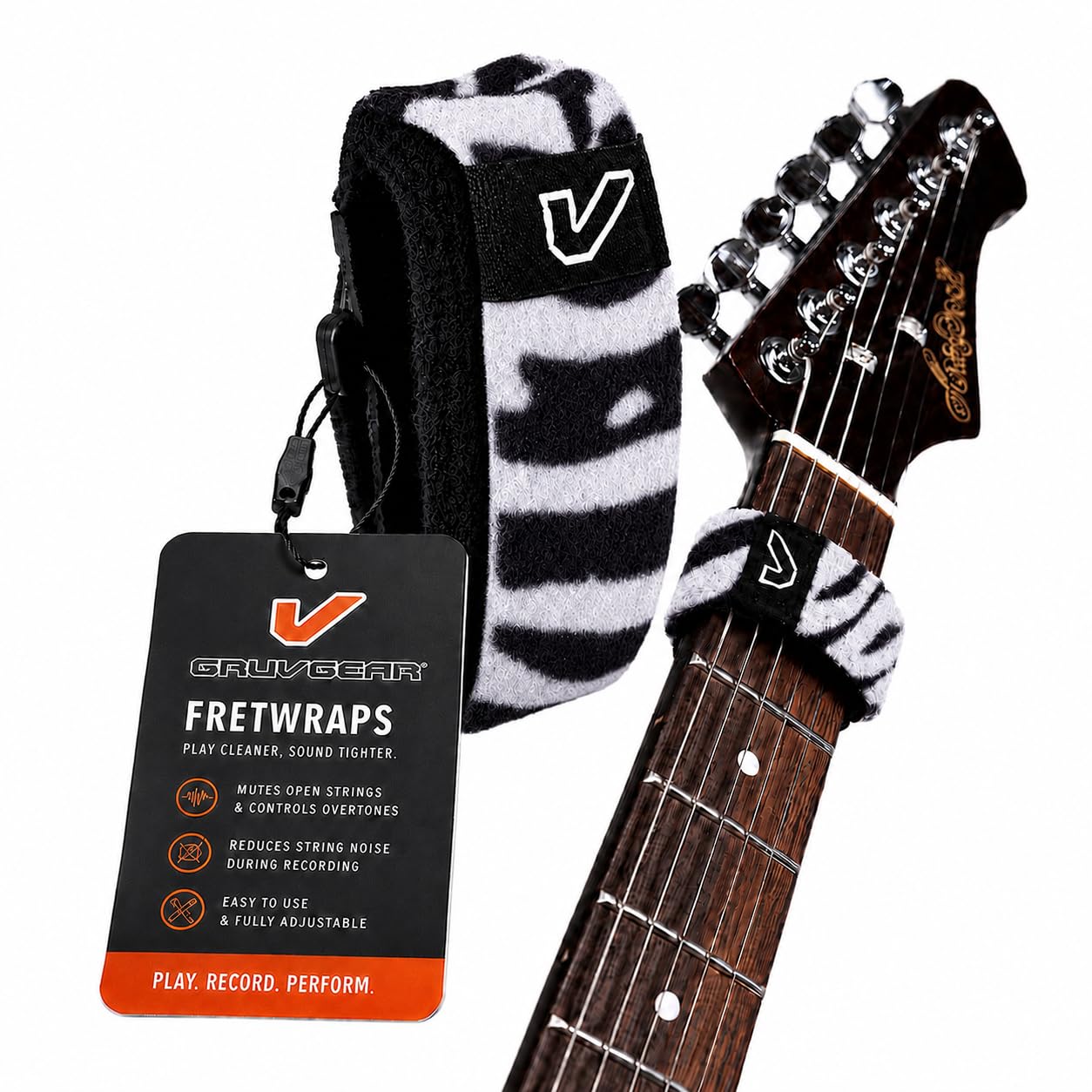 Gruv Gear Fret Wrap &amp; Guitar Mute, Fretwrap for Acoustic, Electric &amp; Bass | String Dampener Recording, Tapping &amp; Practice Accessory (1 Pack, Extra Large Zebra, Fits 7-12 String Bass, Extended Guitar
