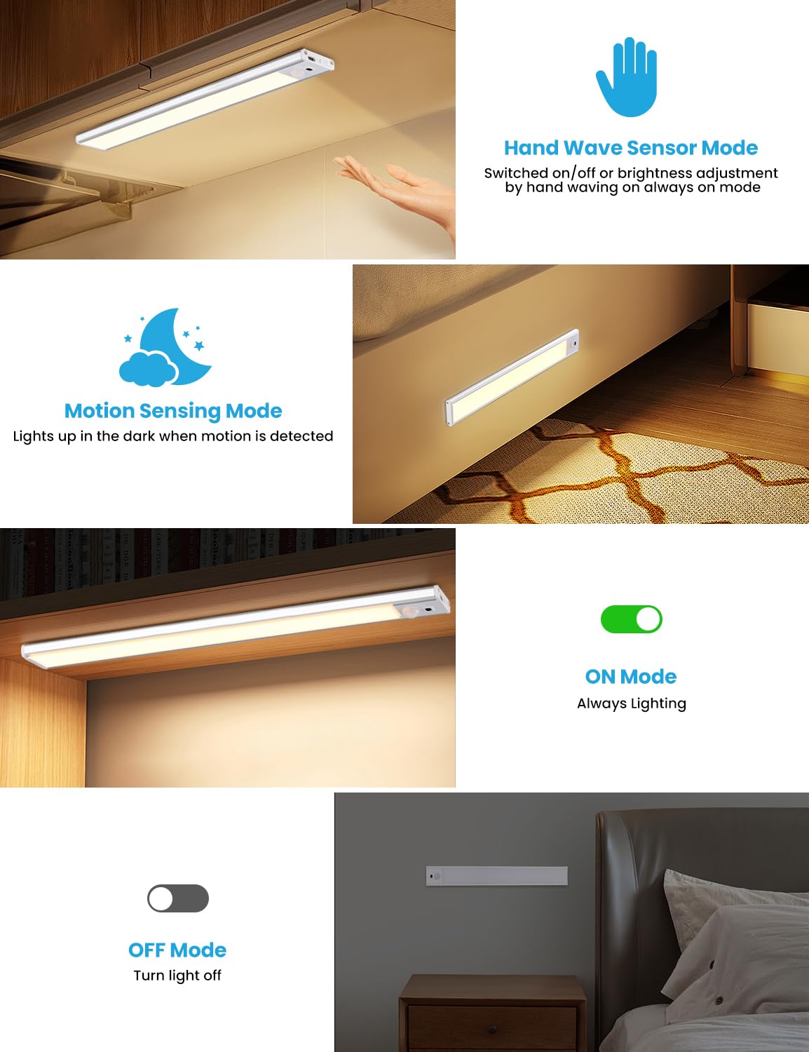 LouBout Under Cabinet Kitchen Lights Hand Wave Activated, 56LED 30cm Motion Sensor Lights Indoor, 3 Pack 3 Color Temps Stepless Dimming USB-C Rechargeable Cupboard Light for Kitchen Wardrobe Hallway — view 6