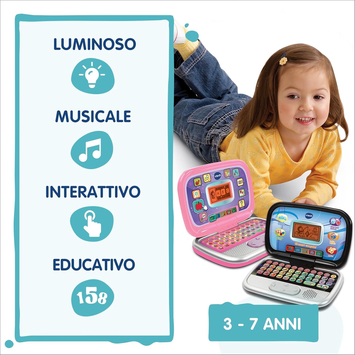 Bit Smart Computer Nero – Computer Educativo Interattivo per Bambini 3-7 Anni, 20 Attività, 30 Melodie, Mouse Integrato, Schermo Retroilluminato, Lingua Italiana, Batterie Incluse
