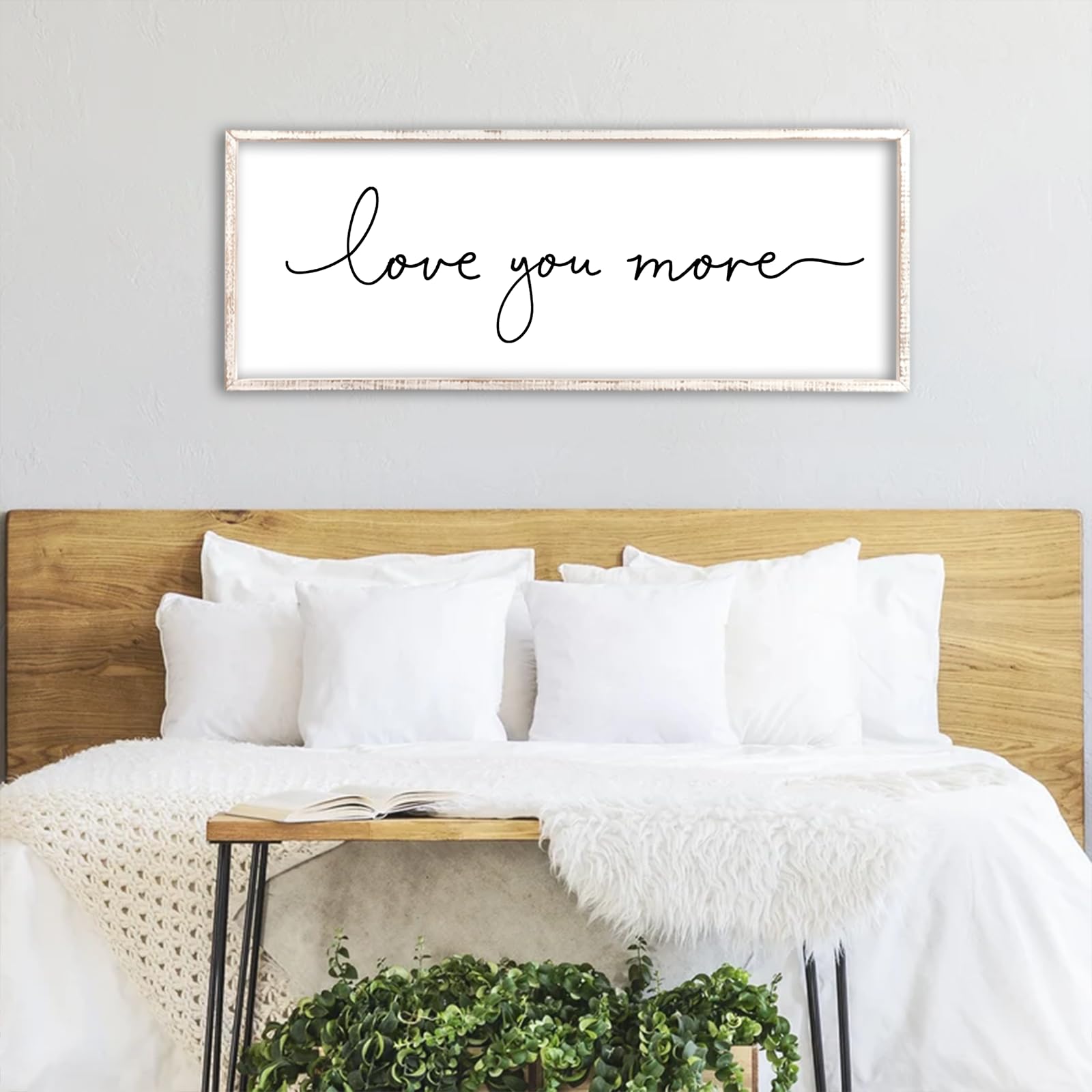 Targa decorativa da parete con scritta "Love You More", 101,2 x 38,1 cm, per camera da letto principale o camera degli ospiti, sopra il letto, per la casa, con cornice in legno, stile rustico, grande,