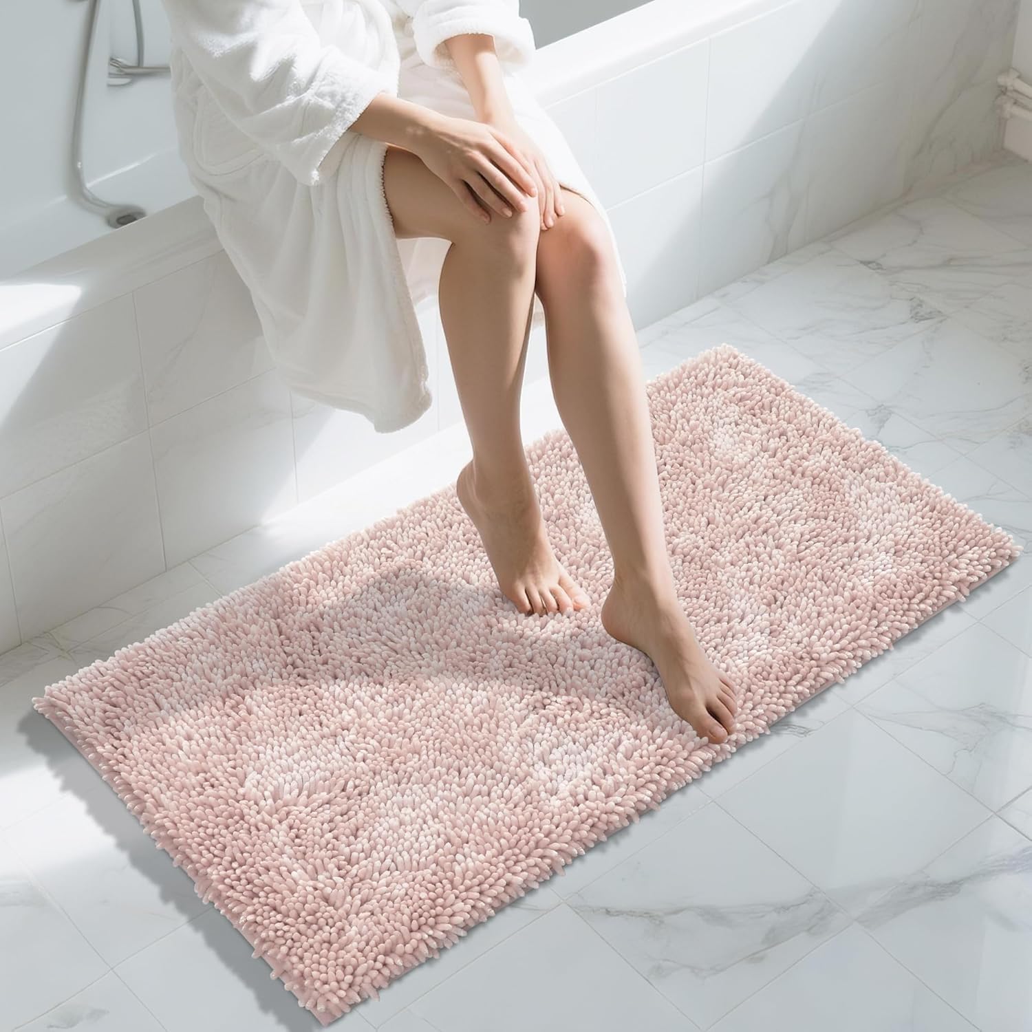 Yimobra Luxury Chenille Bath Mat, Extra Soft and Absorbent Shaggy Bathroom mats Non Slip, Machine Washble Dry, Plush Floor Carpet for Tub, Shower, and Bath Room, Pink, 112 x 61 cm
