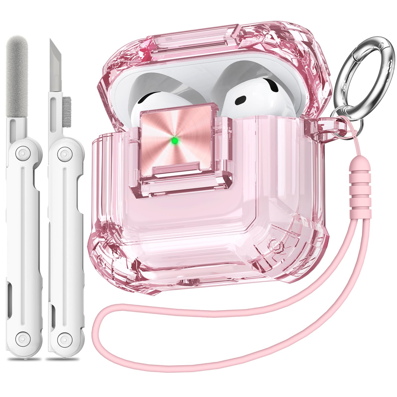 Safety Lock for Airpods 4 Case, Clear Pink for Apple Airpod 4 Case (2024) (USB-C), for Airpod 4 Case Cover with Cleaner kit for Girly Women, Air Pod 4 Case with Lanyard and Keychain, Clear Pink