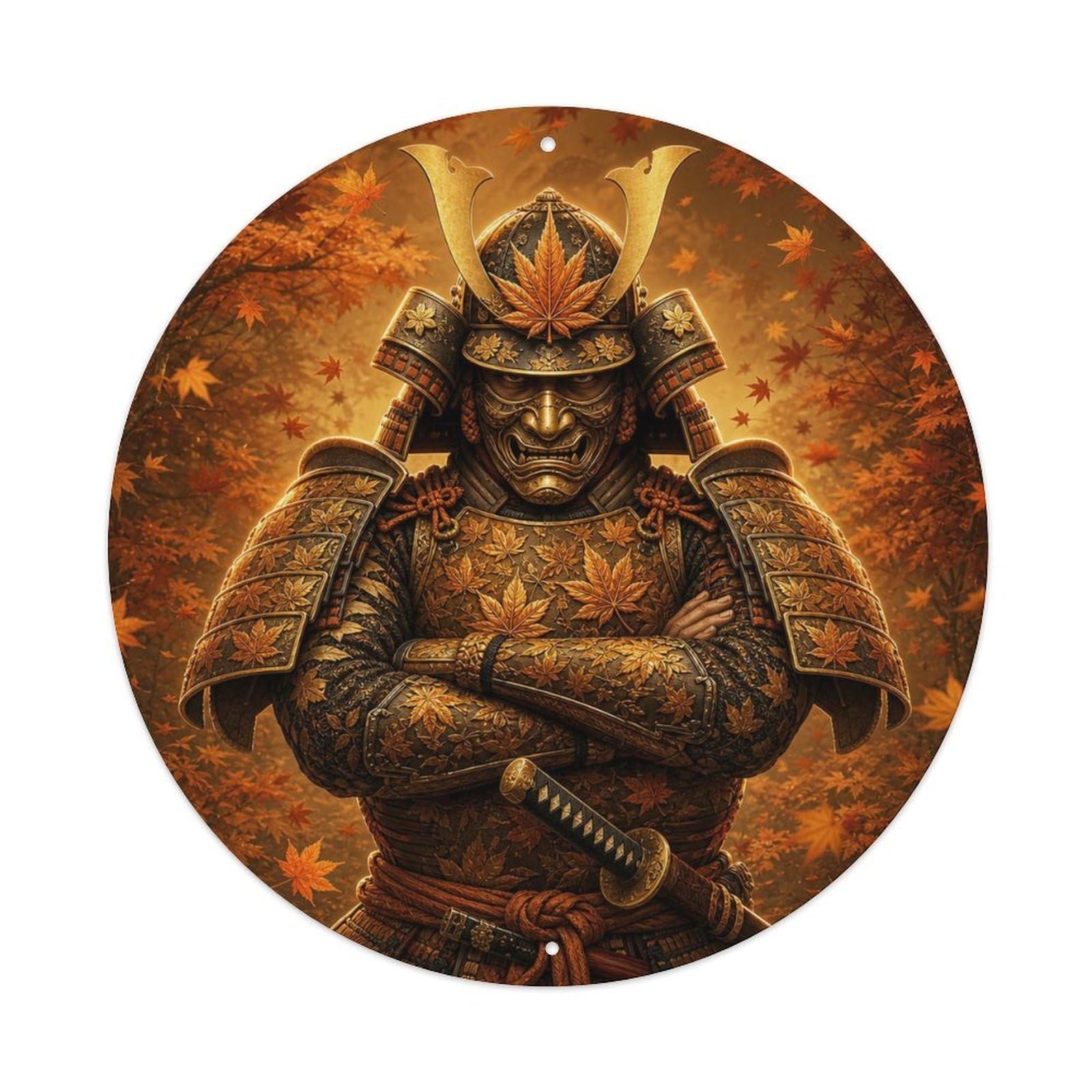 Okngb Style Duel Crossed Arms Amber Autumn Command Samurai Crest Metal Tin Sign Plaque Wall Decor For Cafe, Man Cave, Club Bar, Office, Home Garden Round Metal Poster 8X8inch