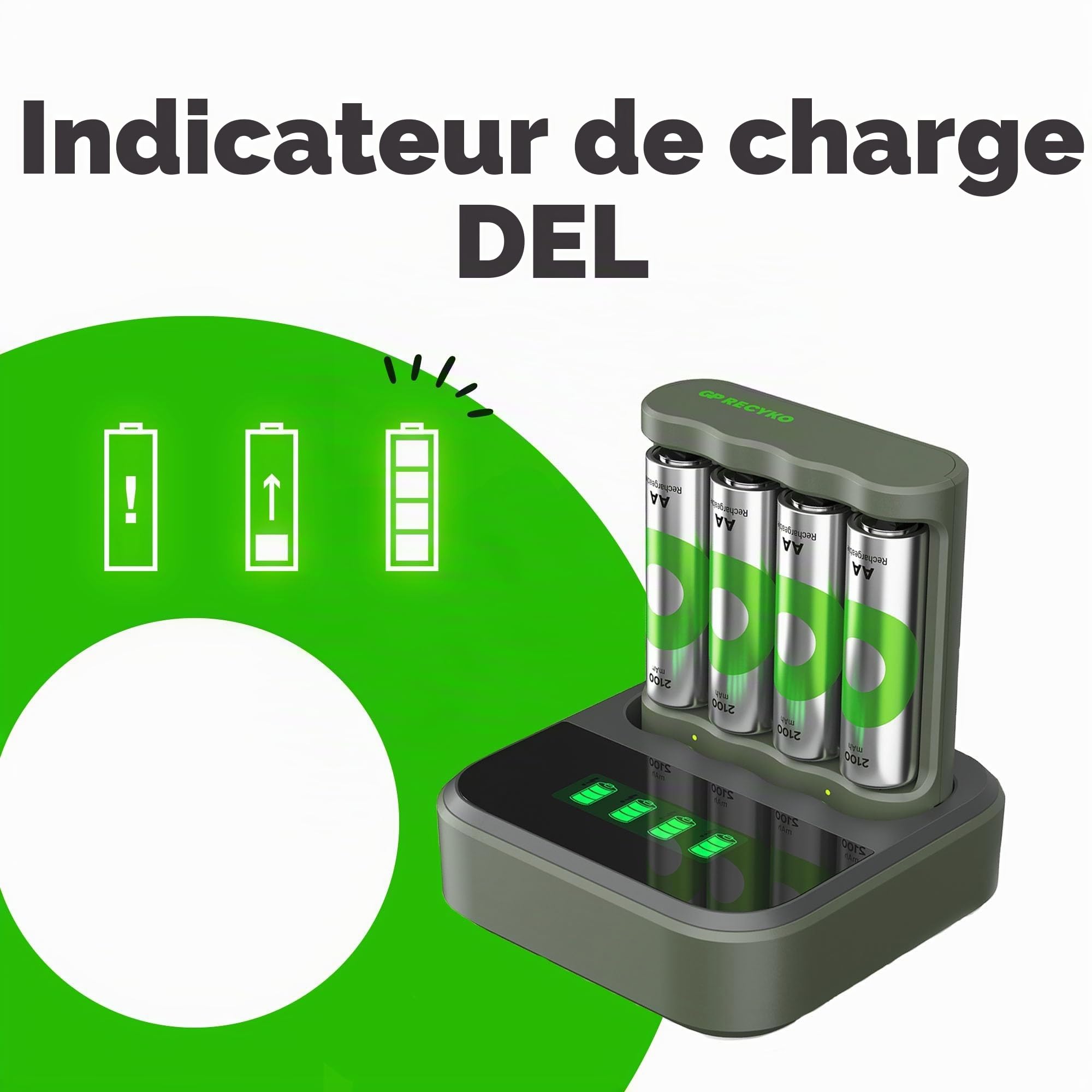 GP ReCyko B441 Chargeur de Batterie USB avec 4 Piles ReCyko AA 2100 mAh et Station d'accueil USB, Chargeur de Batterie AA AAA avec voyants LED