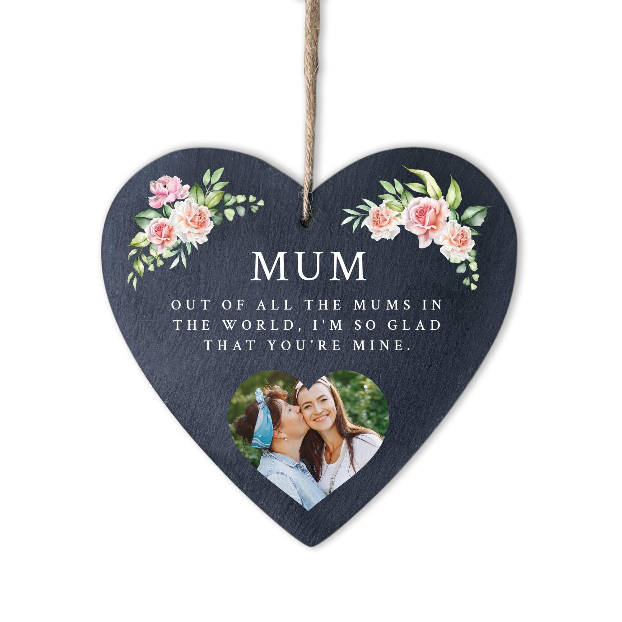 Personalised Photo Slate Hanging Heart - Pink Floral Design, Custom Photo & Message | Mother's Day, Birthday, Anniversary, Valentine's | W 14cm x H 13.5cm x D 2cm