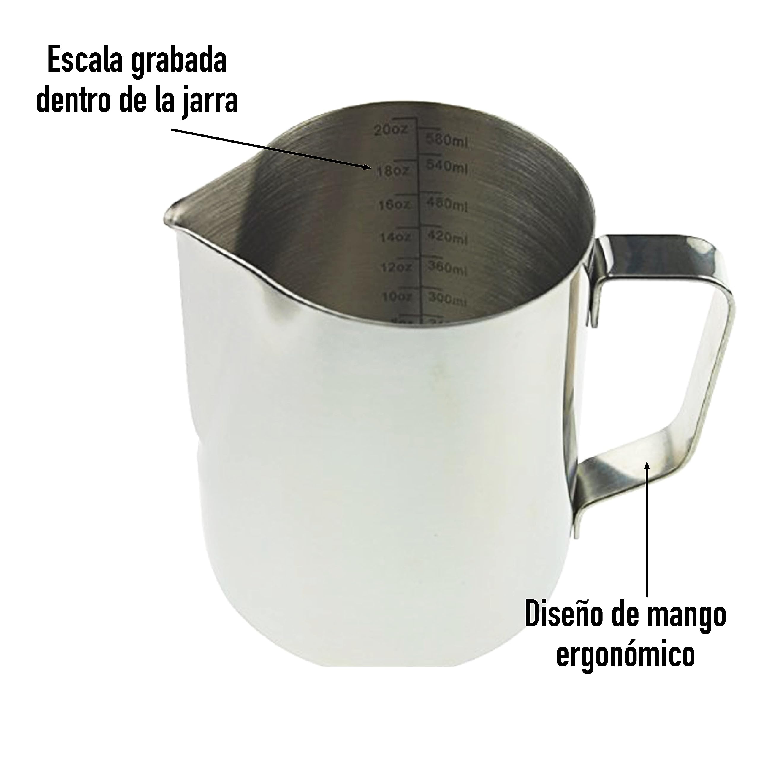 Jarra de leche Barista de 600 ml para máquina de café, jarra de espuma de leche, jarra de vapor de metal, jarra de vapor de leche ideal de acero inoxidable para espumar leche accesorios de máquina de