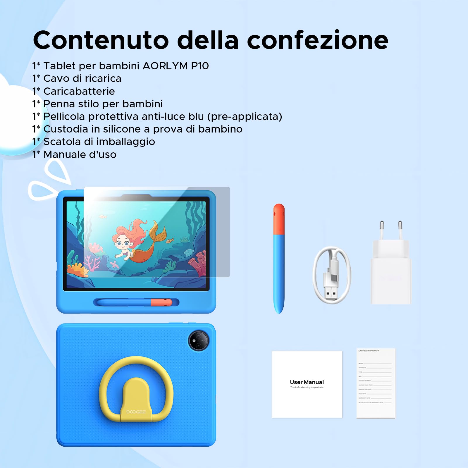 P10 Kid Tablet Bambini 10 Pollici, Tablet Android 16, 90Hz, 32GB RAM+64GB ROM, 7000mAH, Vetro Curvo 2.5D, WiFi5/Face ID/OTG/Widevine L1, Include Accessori per Tablets per Bambini, Blu