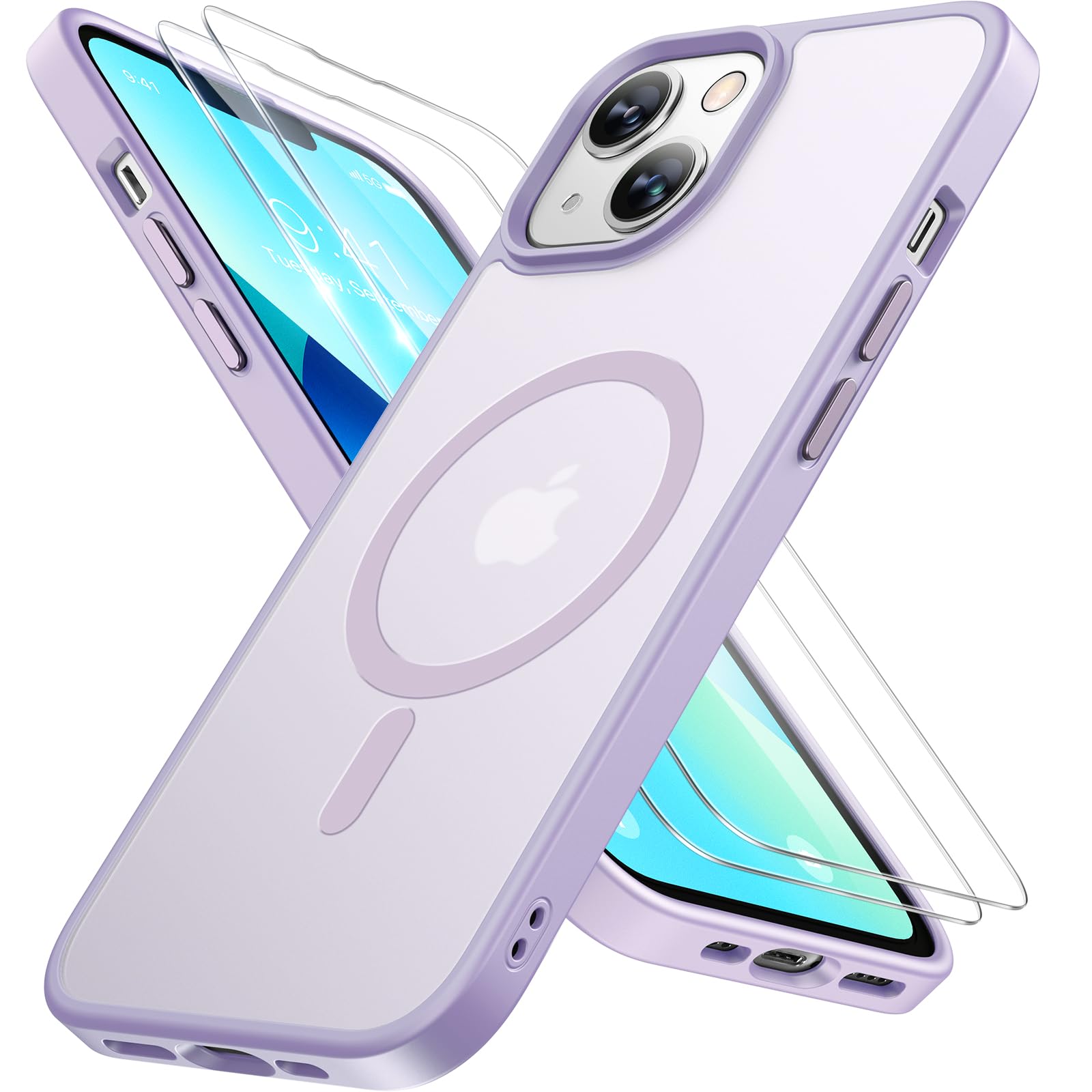 Miracase Magnetic for iPhone 13 Case 6.1 inch (Compatible with MagSafe)（with 2X Screen Protectors） Military-Grade Protection, Anti-Fingerprint Translucent Matte Phone Case Cover, Light Purple