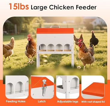 15lbs Automatic Chicken Feeder - 10 Feeding Ports | No Waste Poultry Feeder, Large Feeding Though Dispenser for Chickens Duck, Galvanized Metal Material, Sturdy And Durable