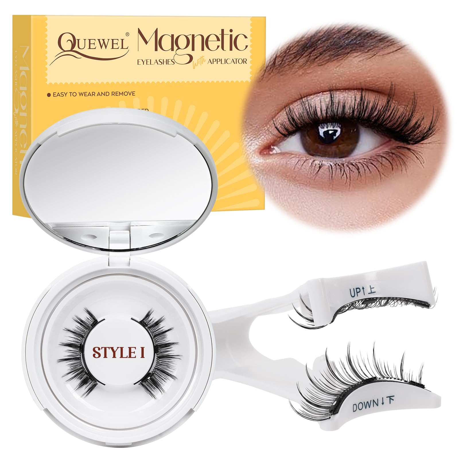 Ciglia magnetiche riutilizzabili dall'aspetto naturale con applicatore, 1 paio di ciglia magnetiche, set senza colla, QUEWEL facili da indossare e rimuovere con istruzioni (Kit-I)